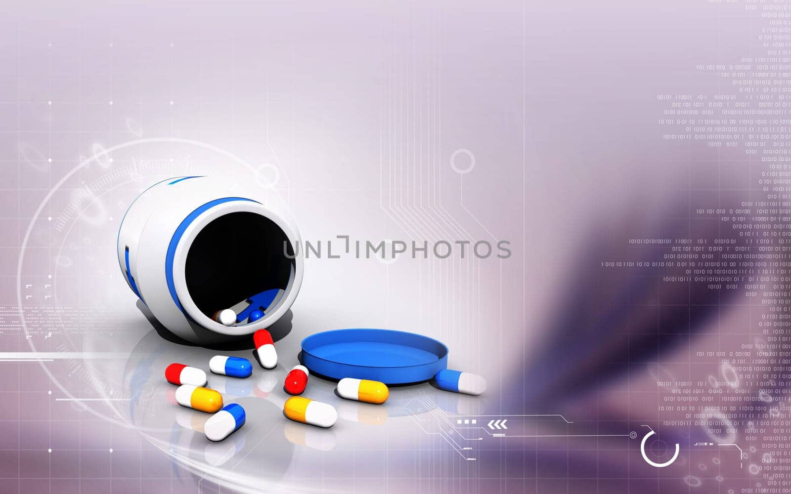 Digital illustration of capsule bottle in colour background