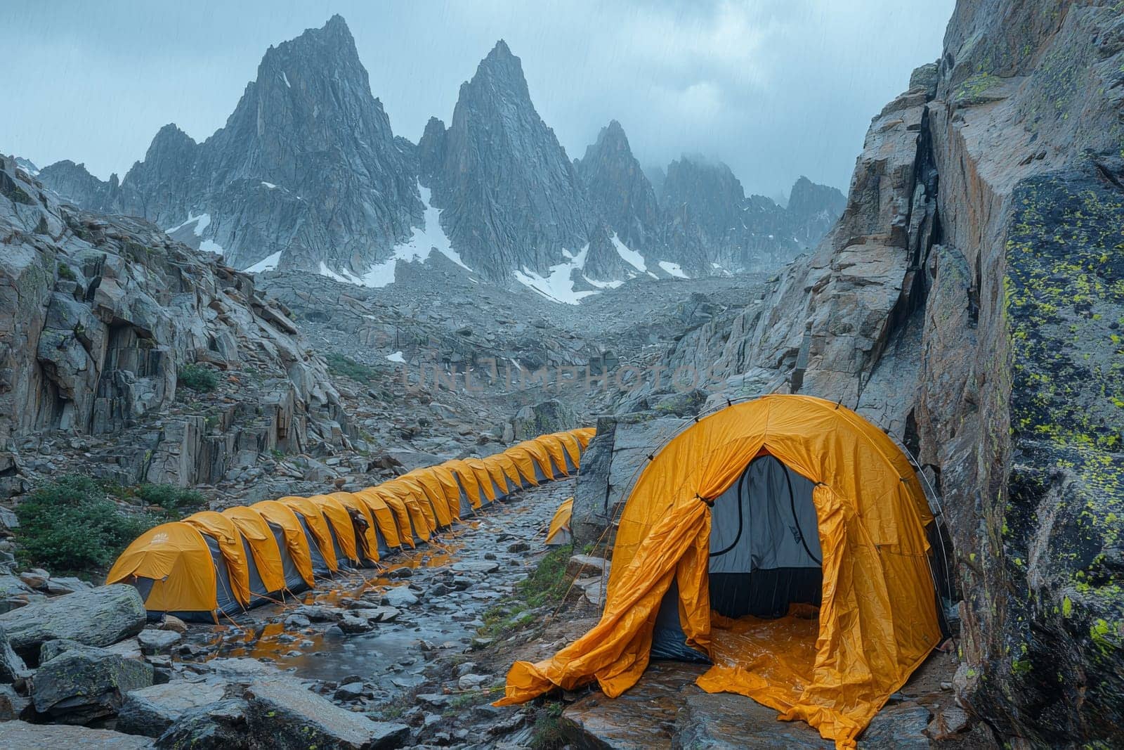 Groups of bright orange tents are set up along a rocky stream, surrounded by towering mountains and overcast skies.