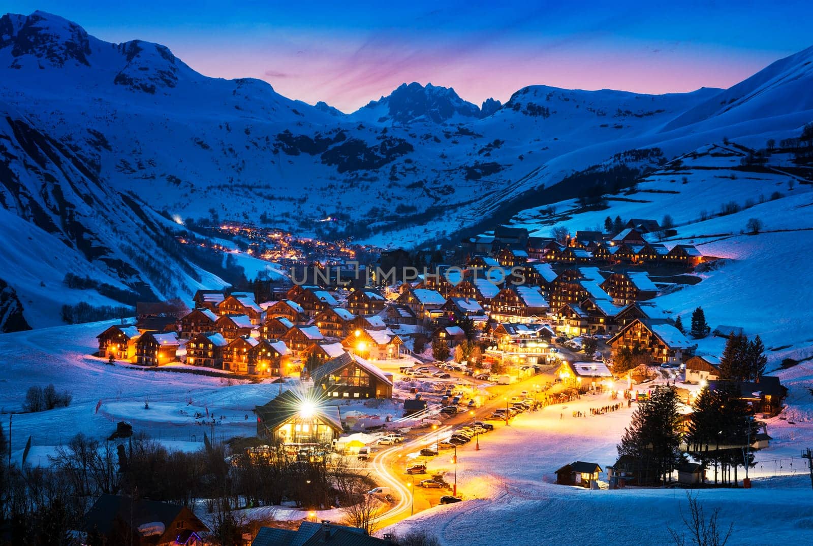 Evening landscape and ski resort in French Alps,Saint jean d'Arves, France