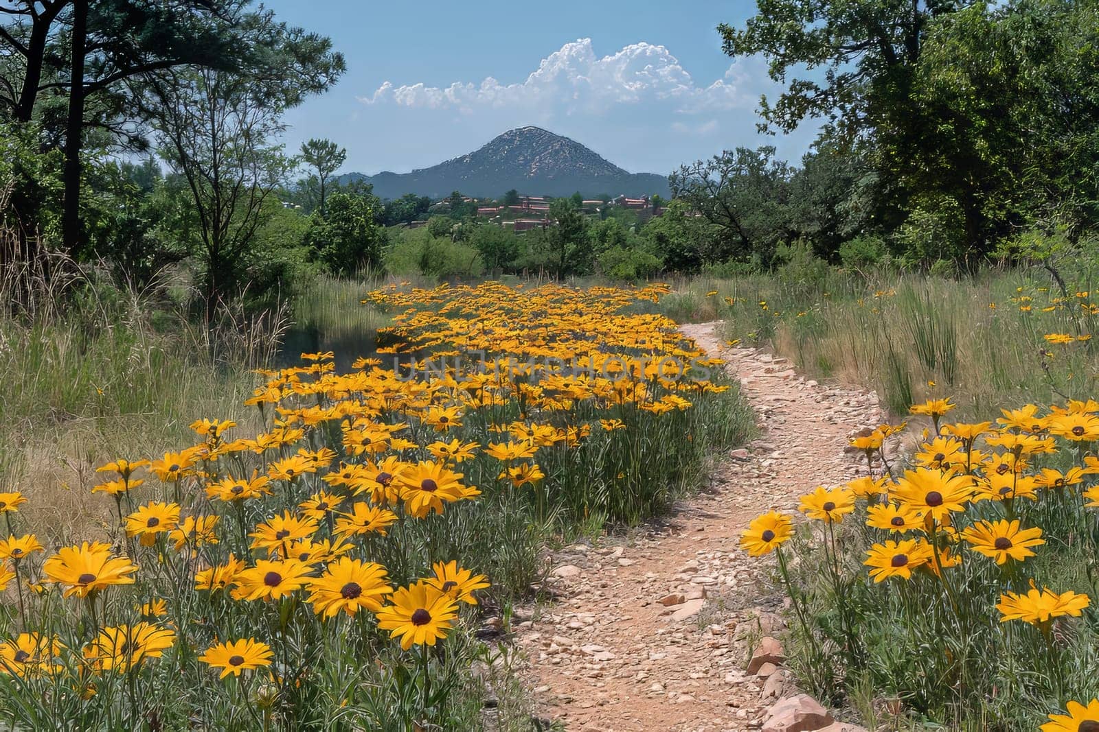 A vibrant path surrounded by blooming yellow flowers leads to a scenic mountain view under a sunny summer sky.