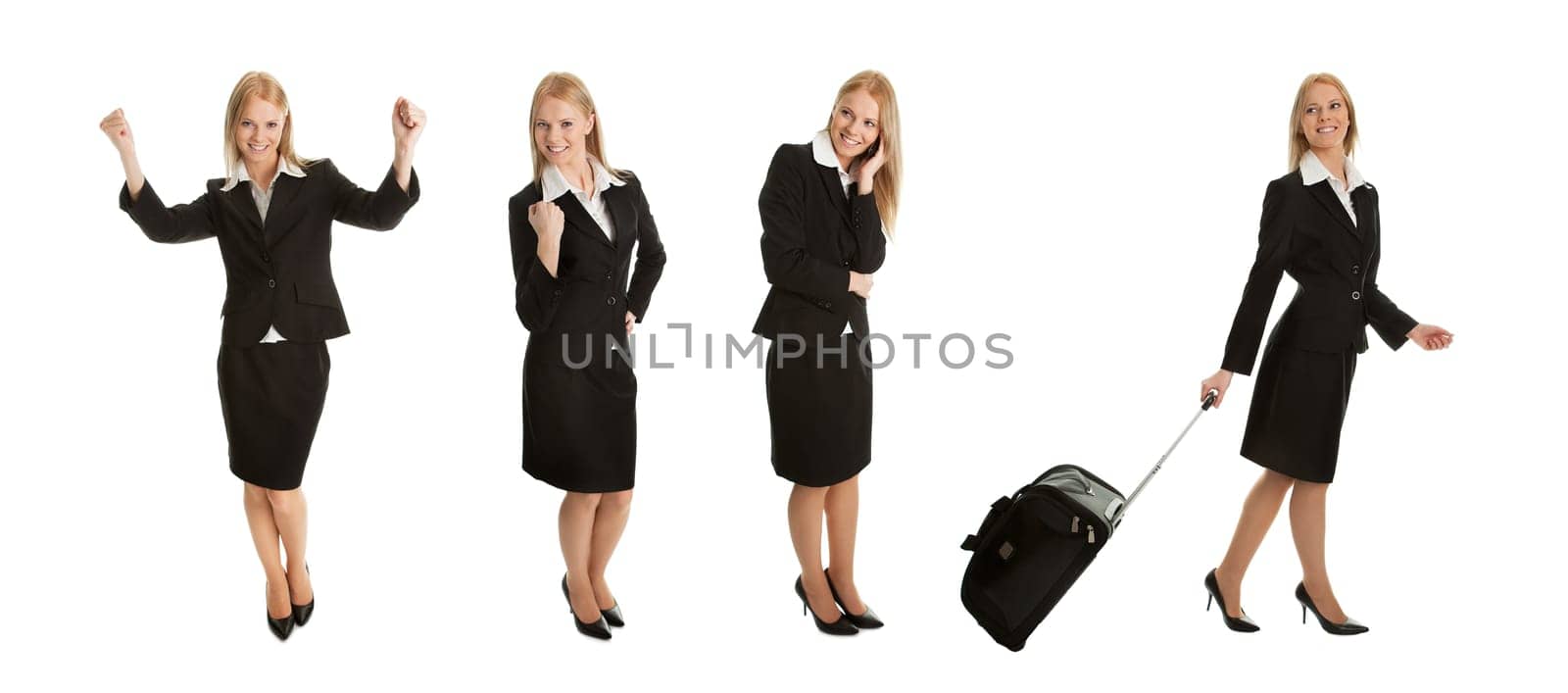 Photos of businesswomen with travel bag. Isolated on white