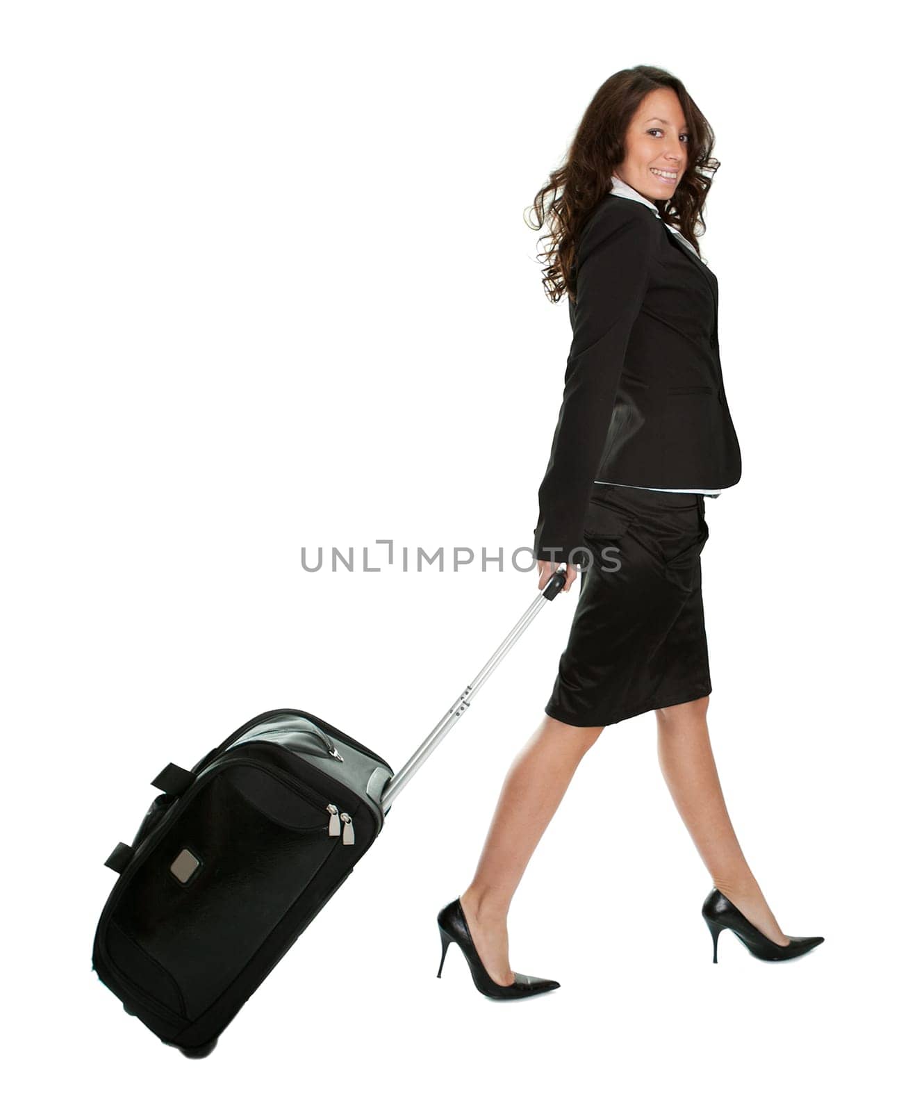 Cheerful businesswomen with travel bag. Isoalted on white