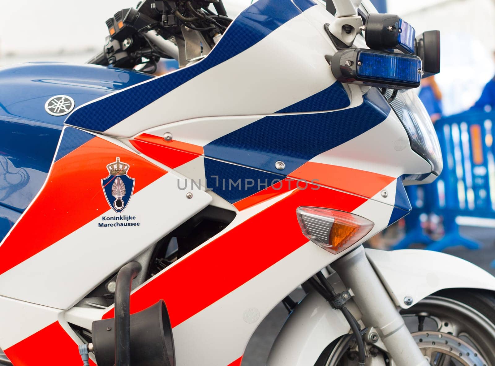 close up of a royal dutch police (marechaussee) motorbike at the Royal Dutch Air Force Days 2014 in Gilze-Rijen. It is one of the four services of the Dutch armed forces.