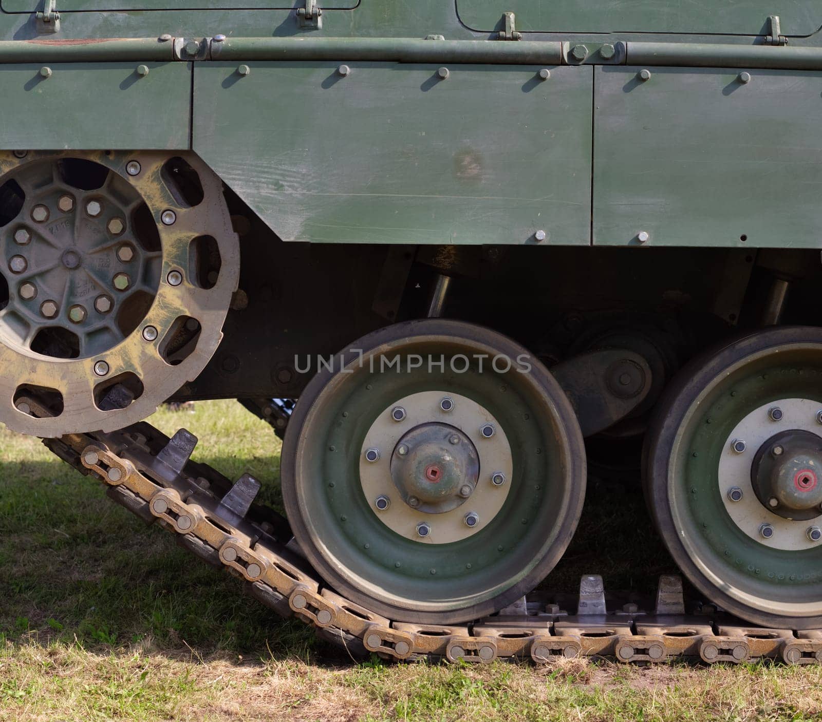 close-up of wheels of a small armored vehicle