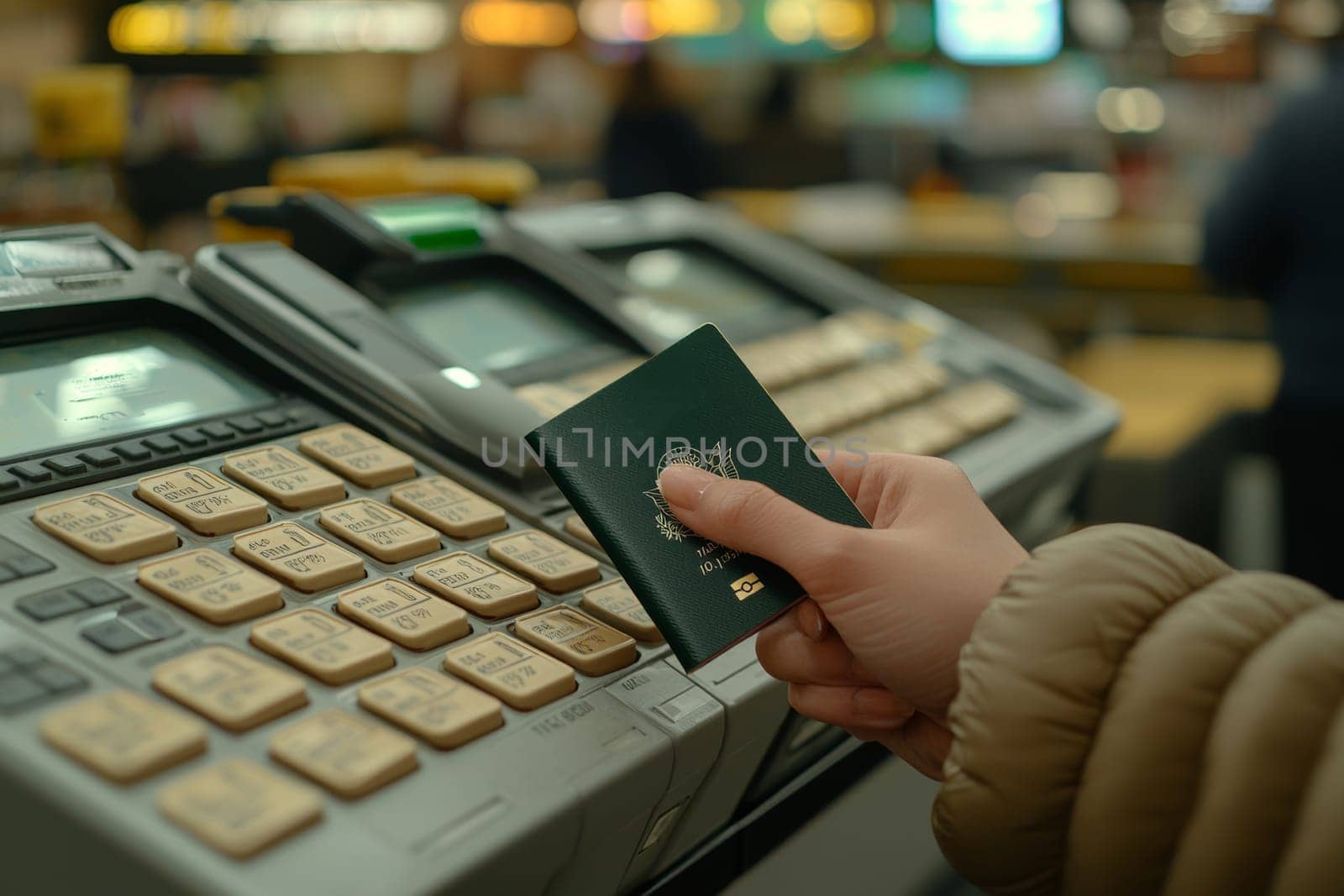 A traveler holds a green passport while using an airport check-in kiosk surrounded by activity during a busy afternoon.