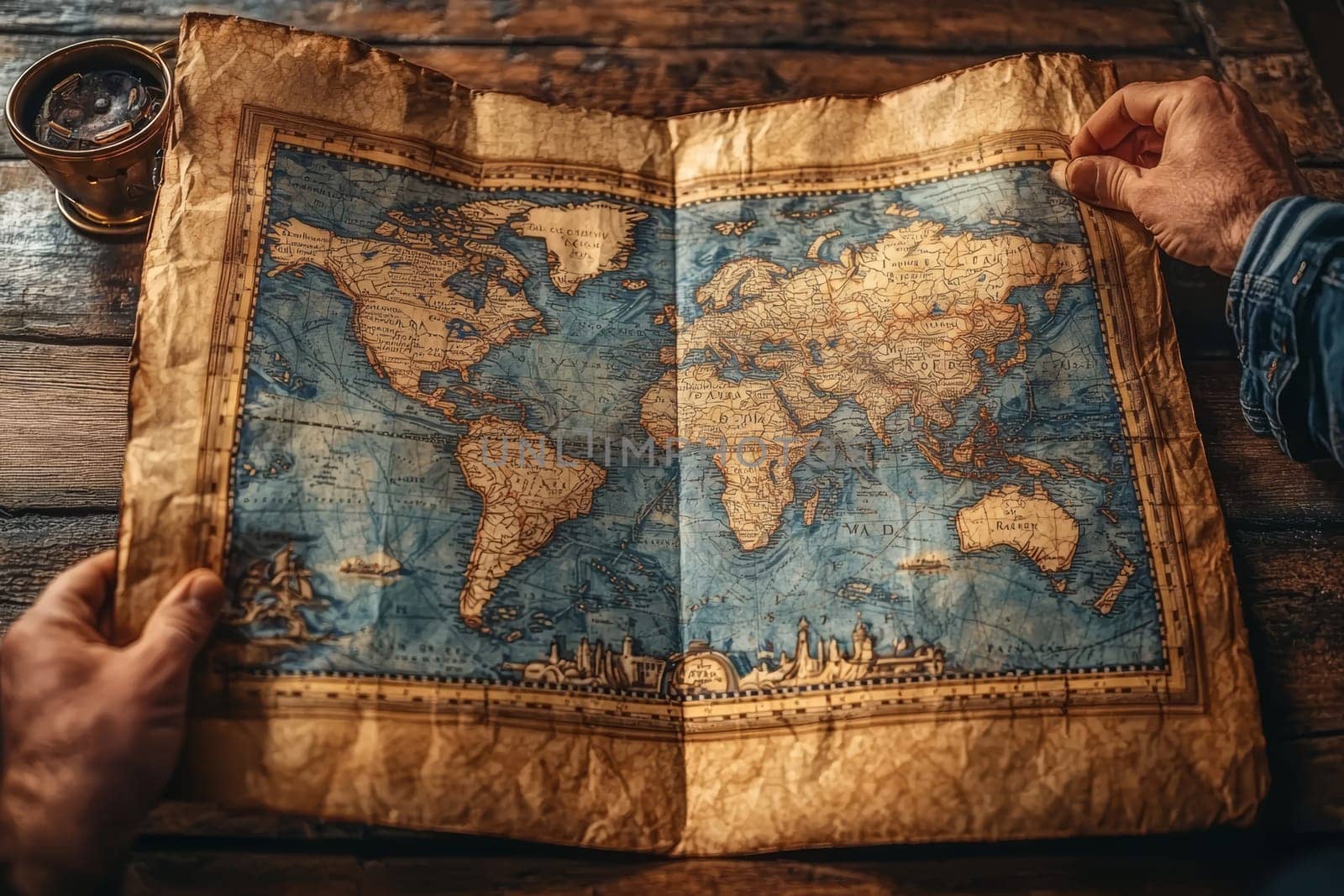 A person examines a textured world map, showcasing detailed geography, on a rustic wooden table while a beverage sits nearby.