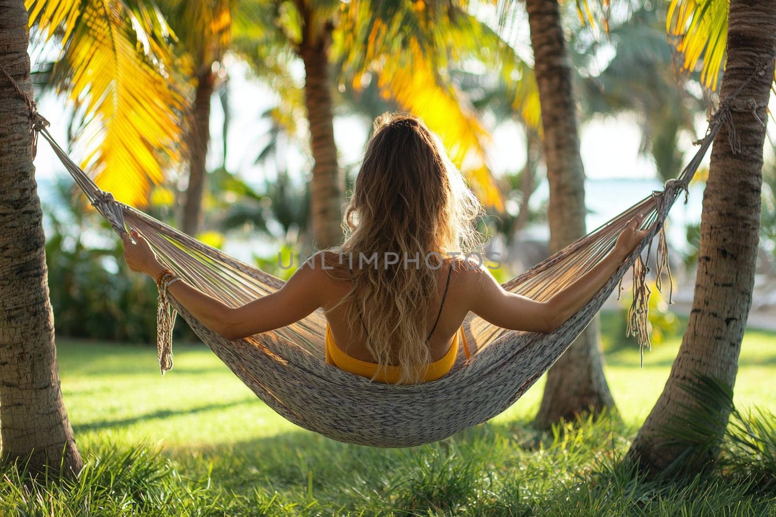 A woman enjoys a peaceful moment in a hammock, swaying gently amid palm trees on a warm, sunny day near the beach.