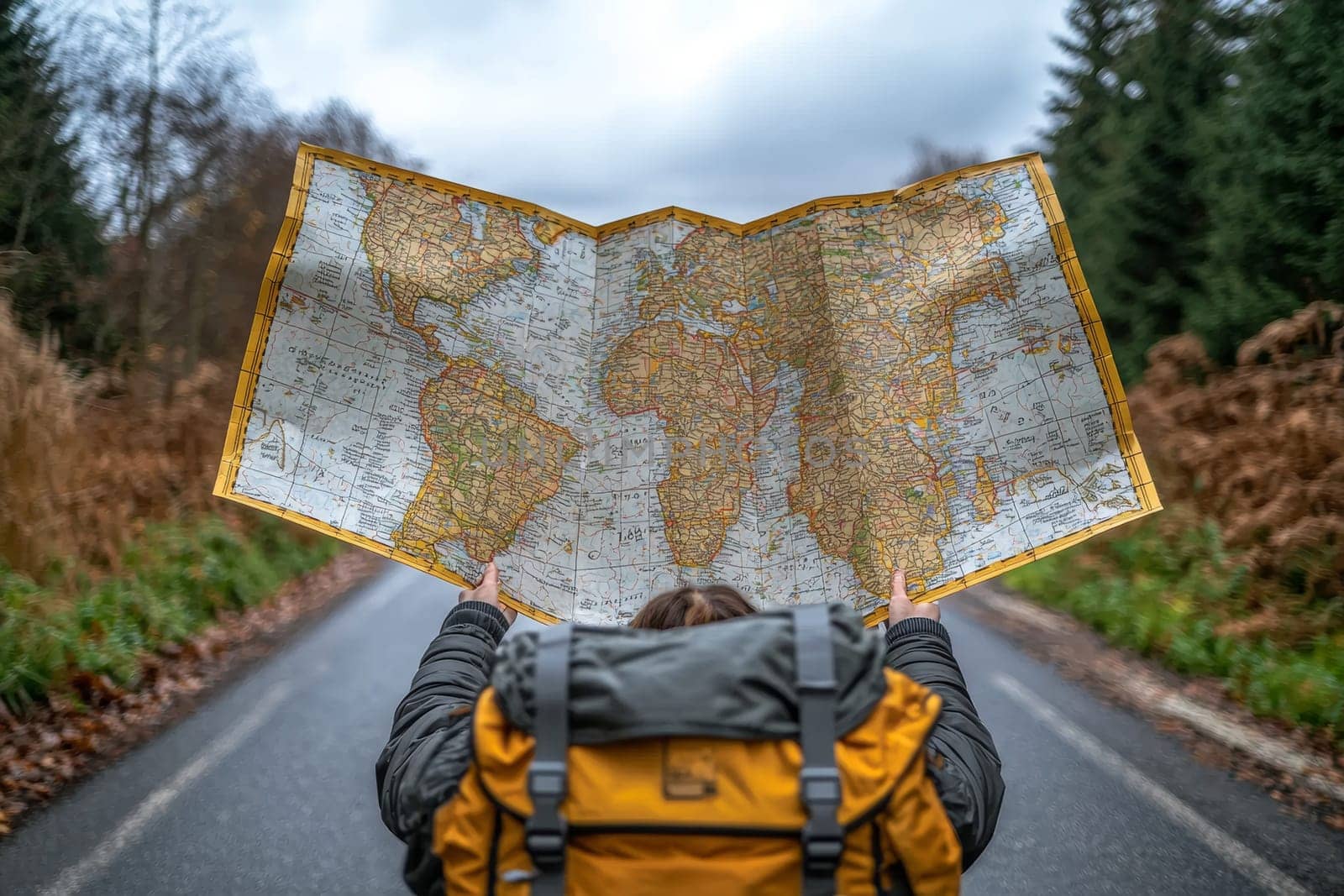 In a peaceful autumn setting, a traveler with a large backpack studies a map, seeking direction on a road bordered by trees.