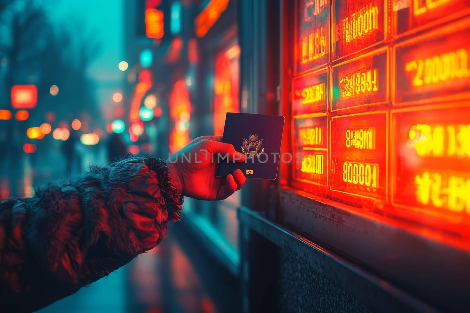 A person is displaying a passport next to a bright exchange board during a rainy night in a lively city, surrounded by glowing signs.