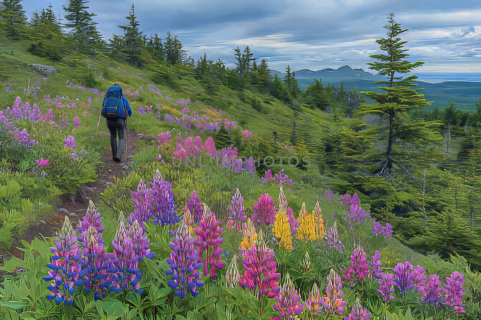A hiker walks amidst blooming wildflowers on a mountain trail, surrounded by lush greenery and distant peaks under an overcast sky.