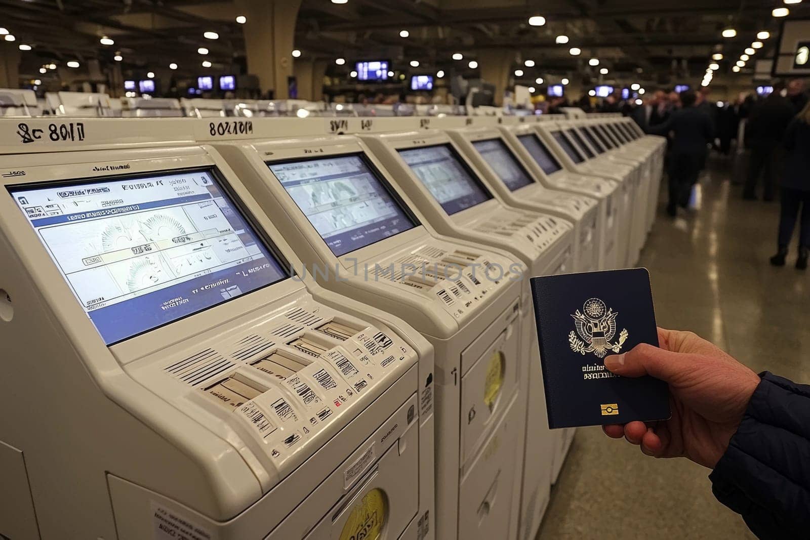 Passengers are utilizing self-service kiosks at the airport while holding a passport, amidst a crowded check-in area.