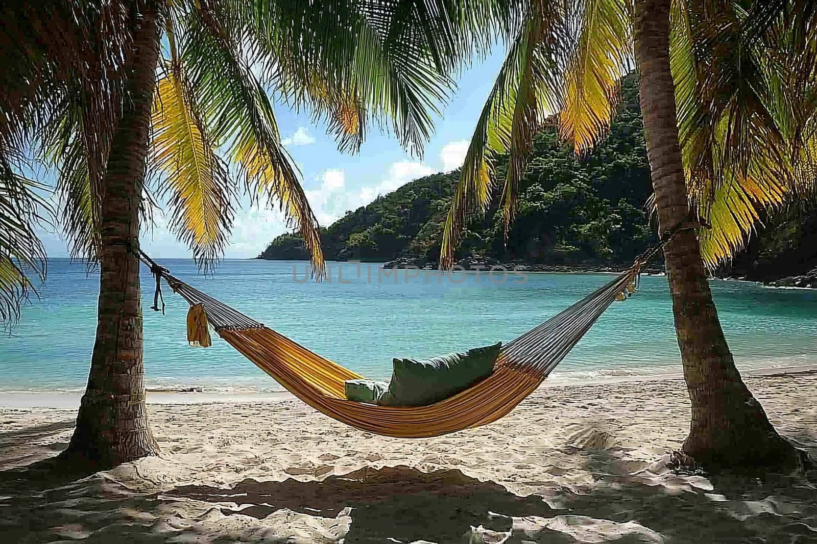 A tranquil setting features a colorful hammock suspended between palm trees on a sunny beach with crystal clear waters.