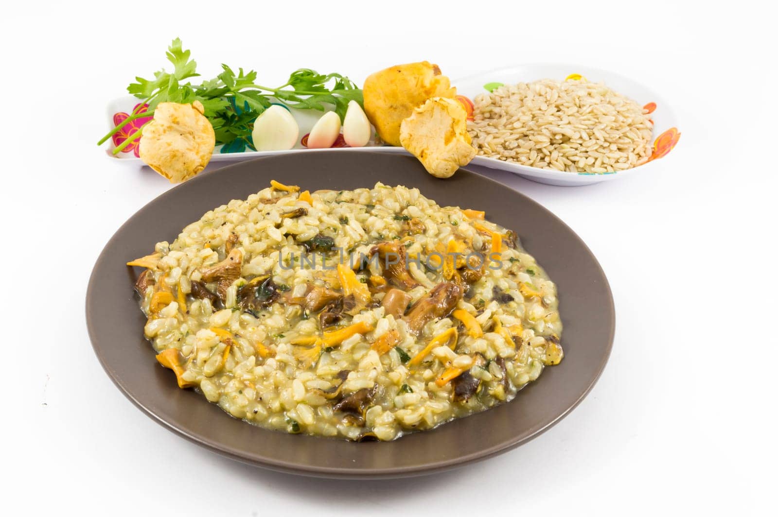 A plate of "risotto"" with mushrooms and its ingredients on white background"