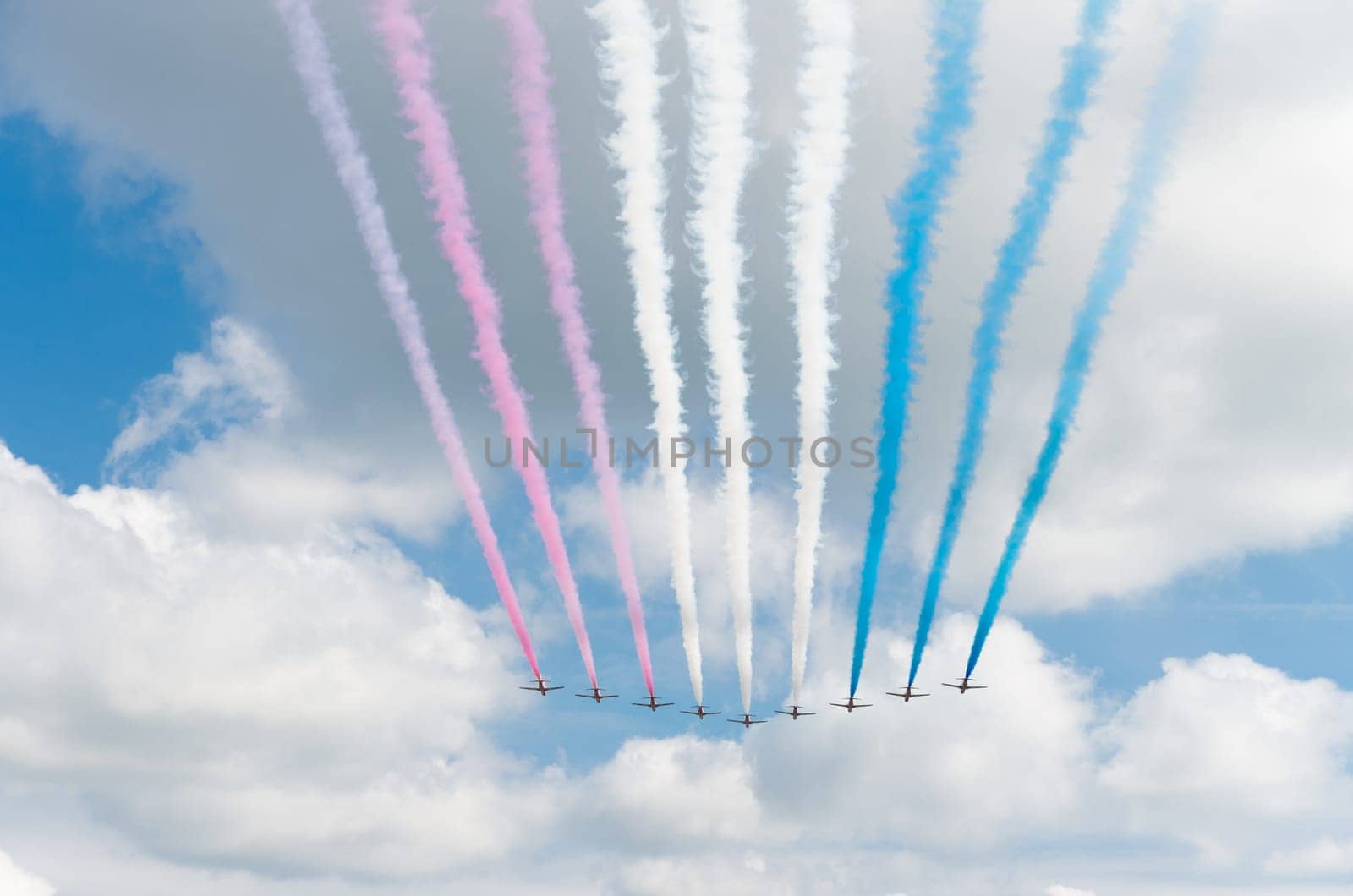 Royal Air Force stunt team red arrows in action on the Royal Dutch Air Force days 2014 in Gilze Rijen, Netherlands