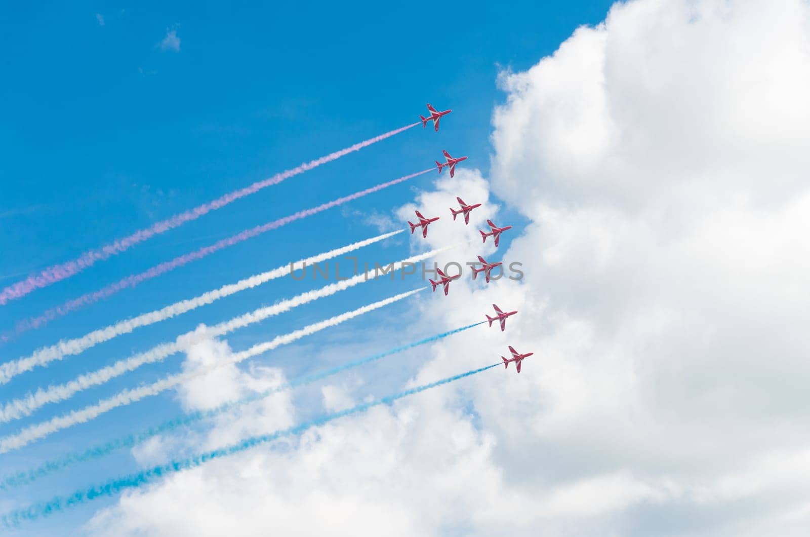Royal Air Force stunt team red arrows in action on the Royal Dutch Air Force days 2014 in Gilze Rijen, Netherlands
