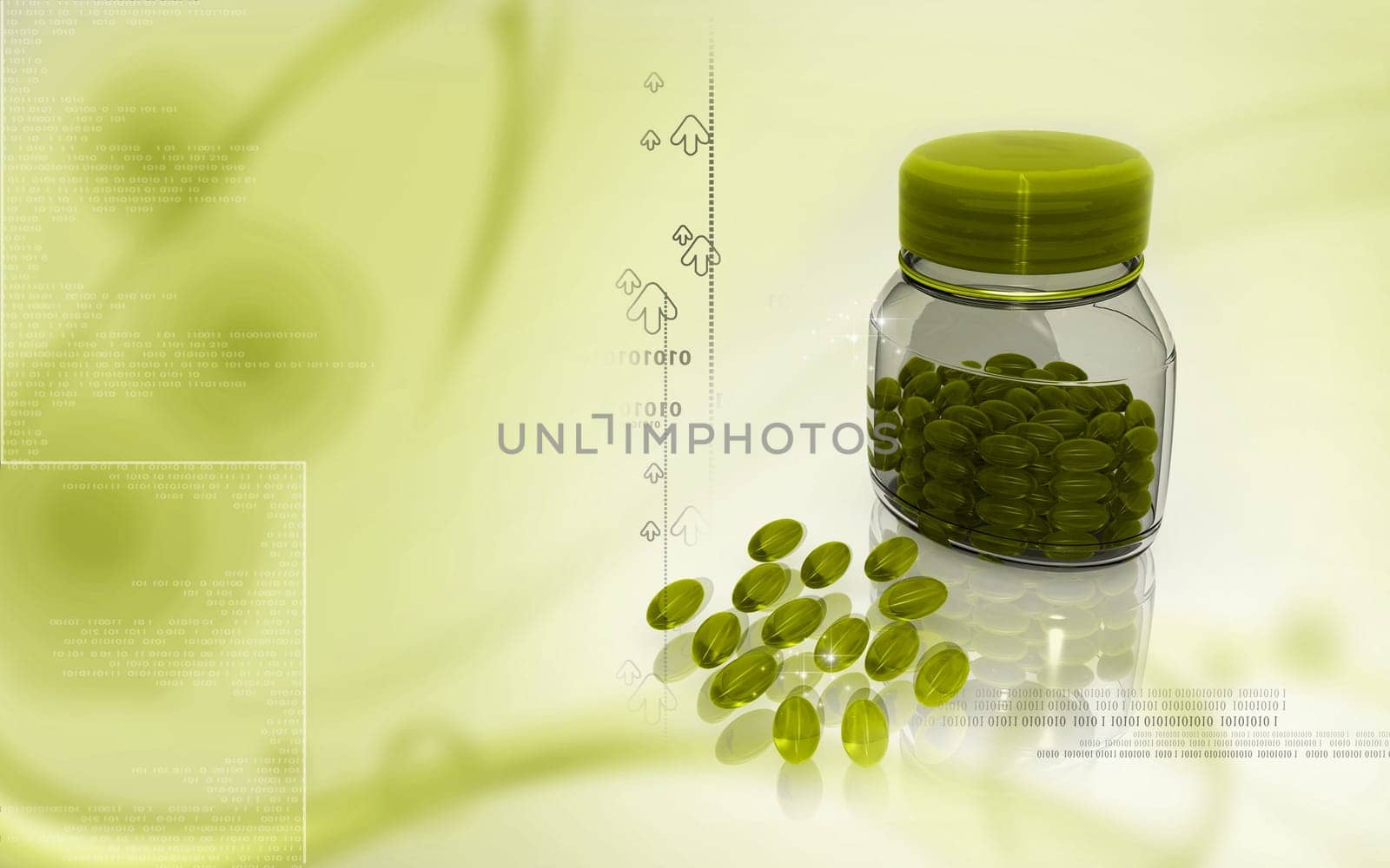Digital illustration of capsule bottle in colour background