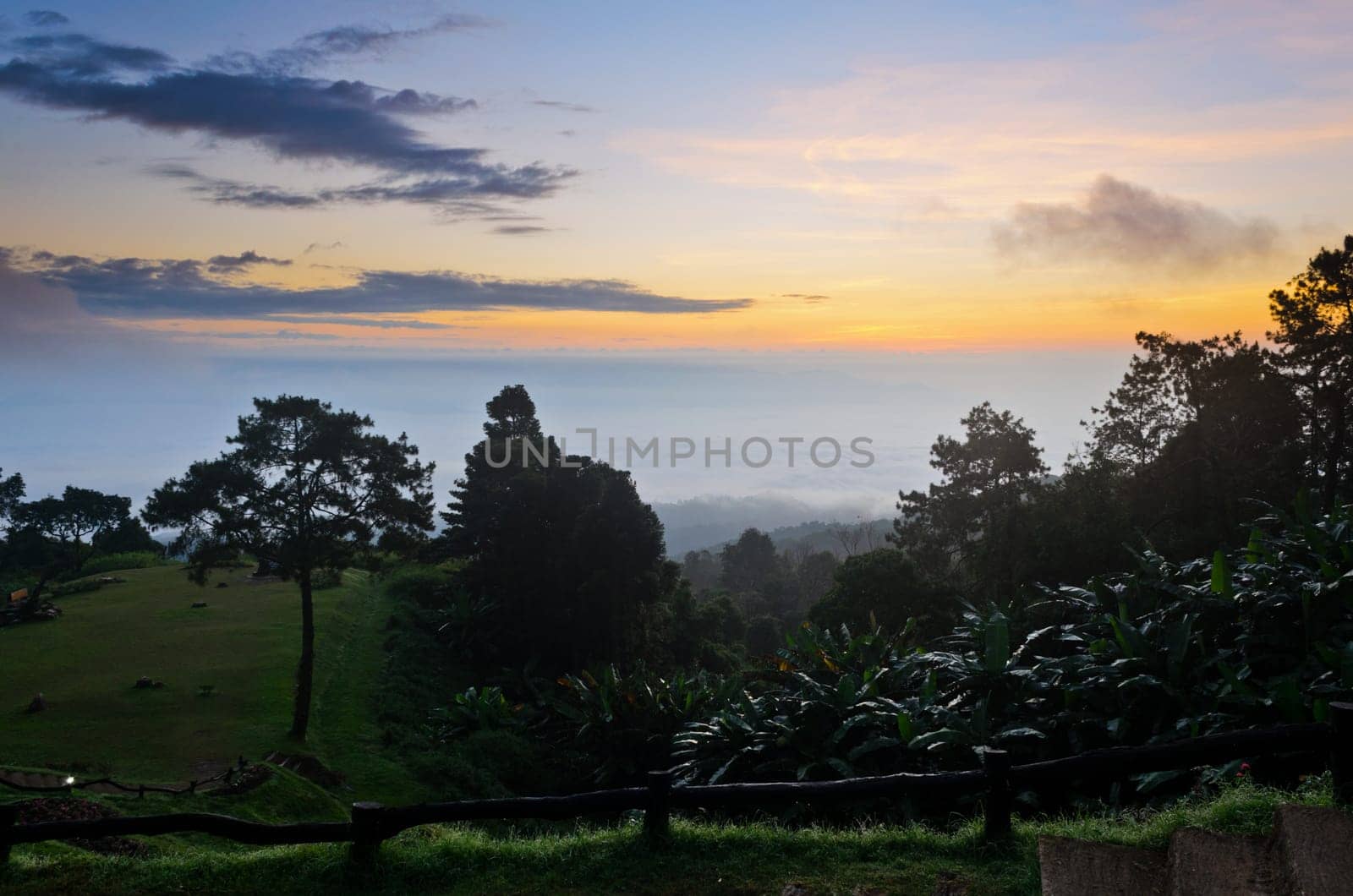 Landscape sea of mist on sunrise view from high mountain at Huai Nam Dang national park in Chiang Mai and Mae Hong Son province, Thailand