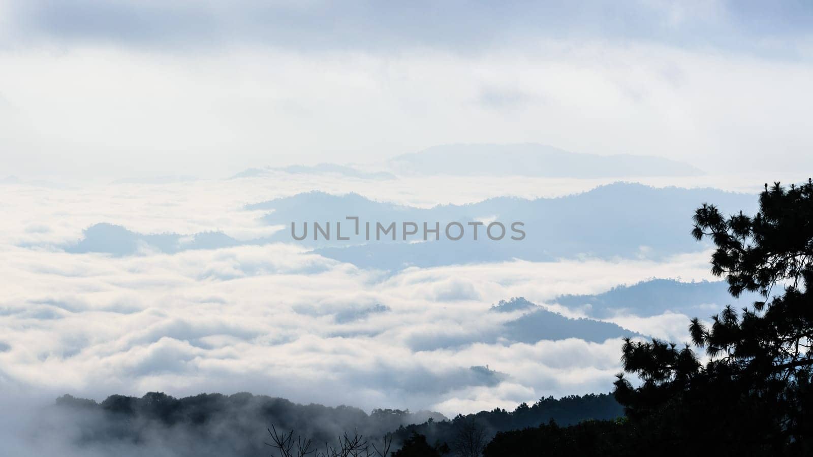 Landscape of cloud above cordillera in the morning from high mountain at viewpoint Huai Nam Dang national park, Chiang Mai and Mae Hong Son province, Thailand