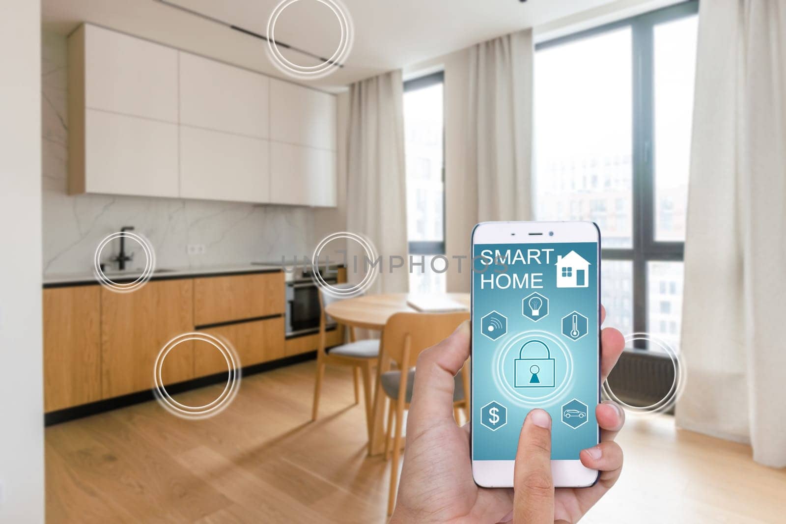 All the house in a phone. Close up of young woman user hands controlling electronic objects in modern luxury studio apartment via smart home interface on cell screen. Internet of things ios technology.