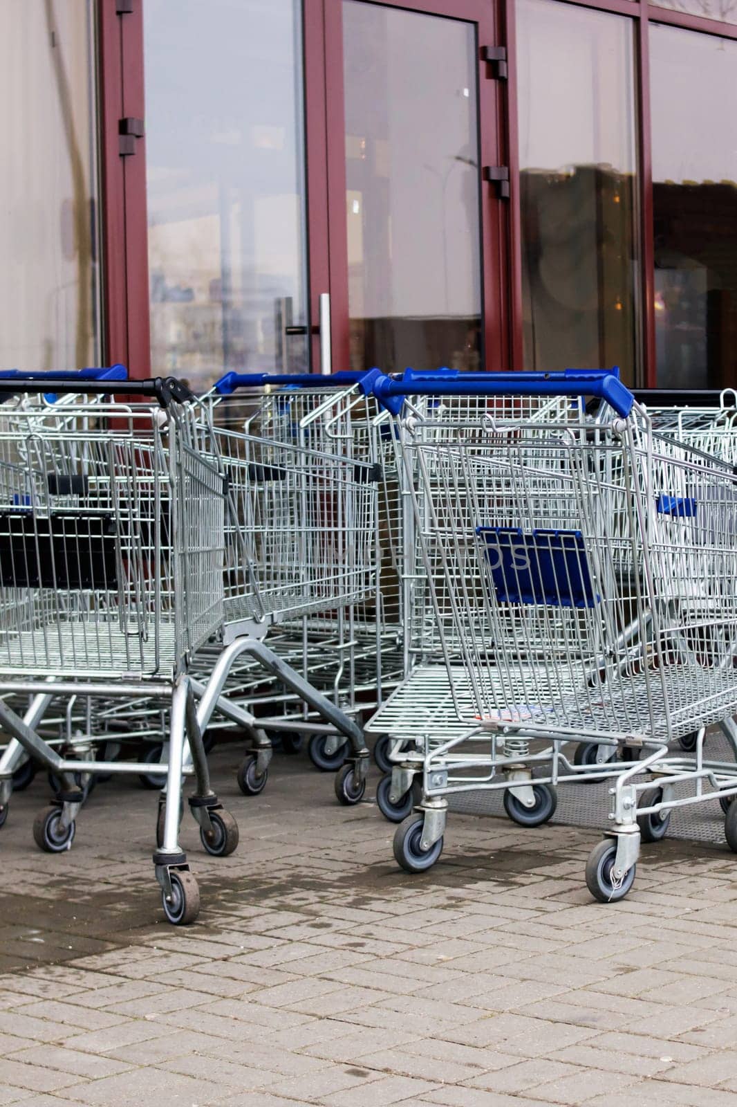 Many shopping carts at the entrance to the store