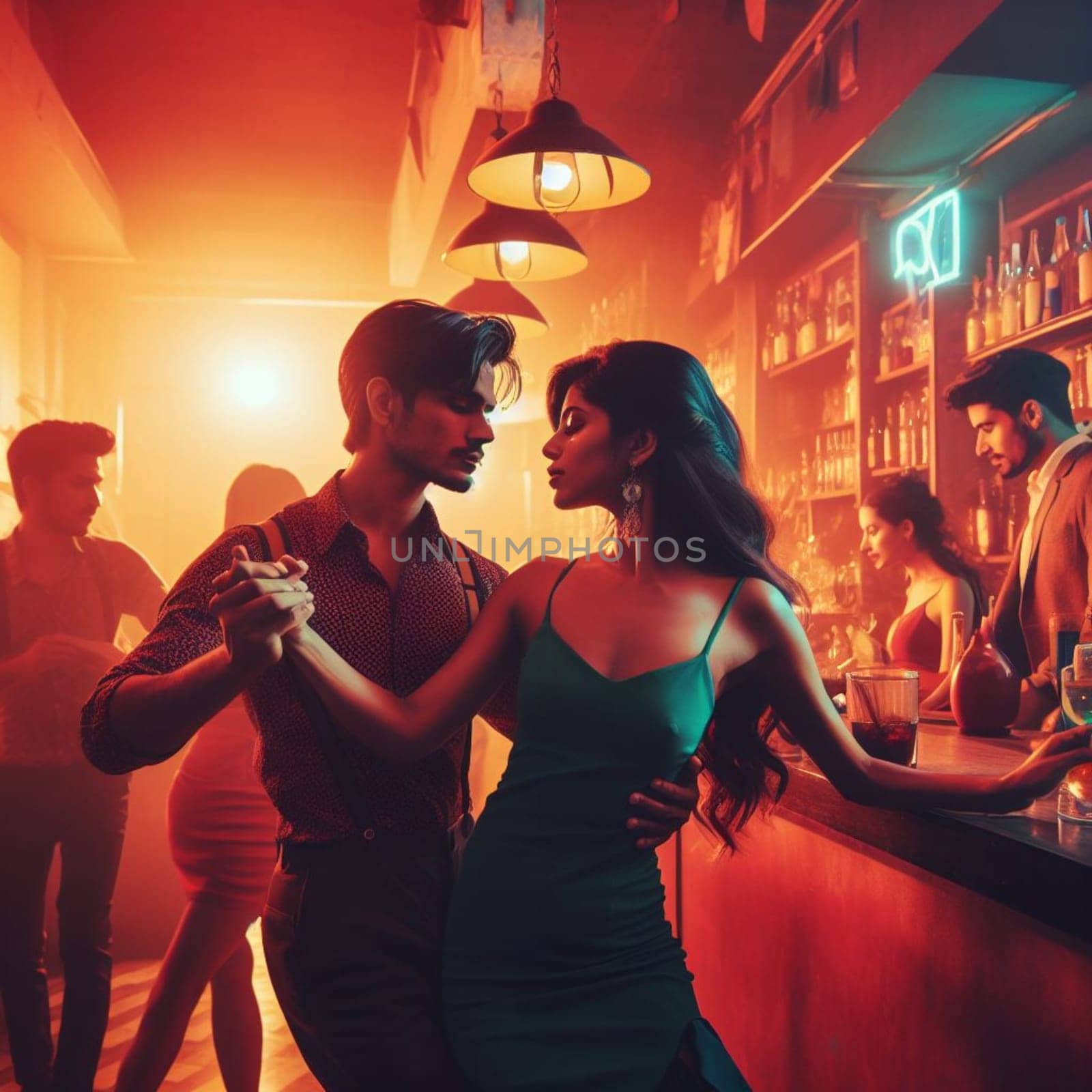 couple dance in a bar , dim light , romantic vintage atmosphere generative ai art