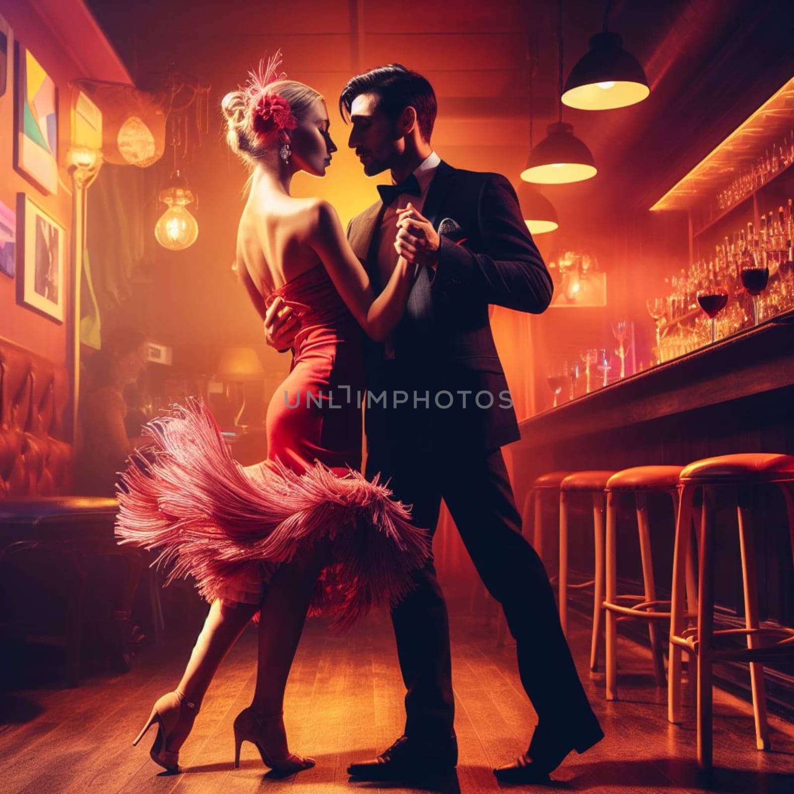 couple dance in a bar , dim light , romantic vintage atmosphere by verbano