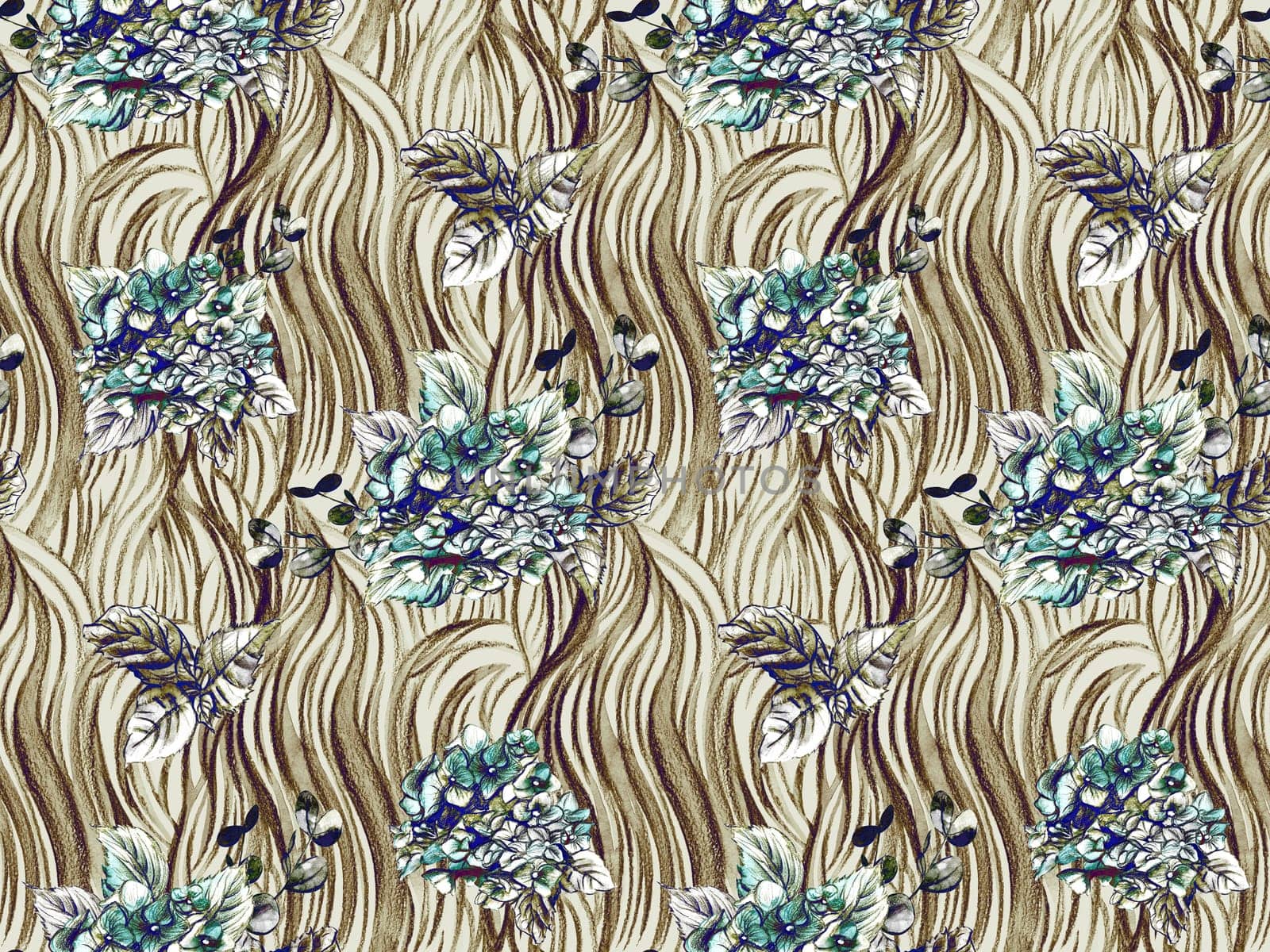 Turquoise seamless floral watercolor pattern with hydrangeas drawn in pencil with vertical wavy texture for textile and surface design