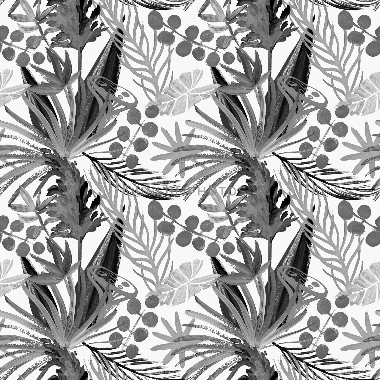 modern black and white seamless pattern with tropical palm leaves and flowers