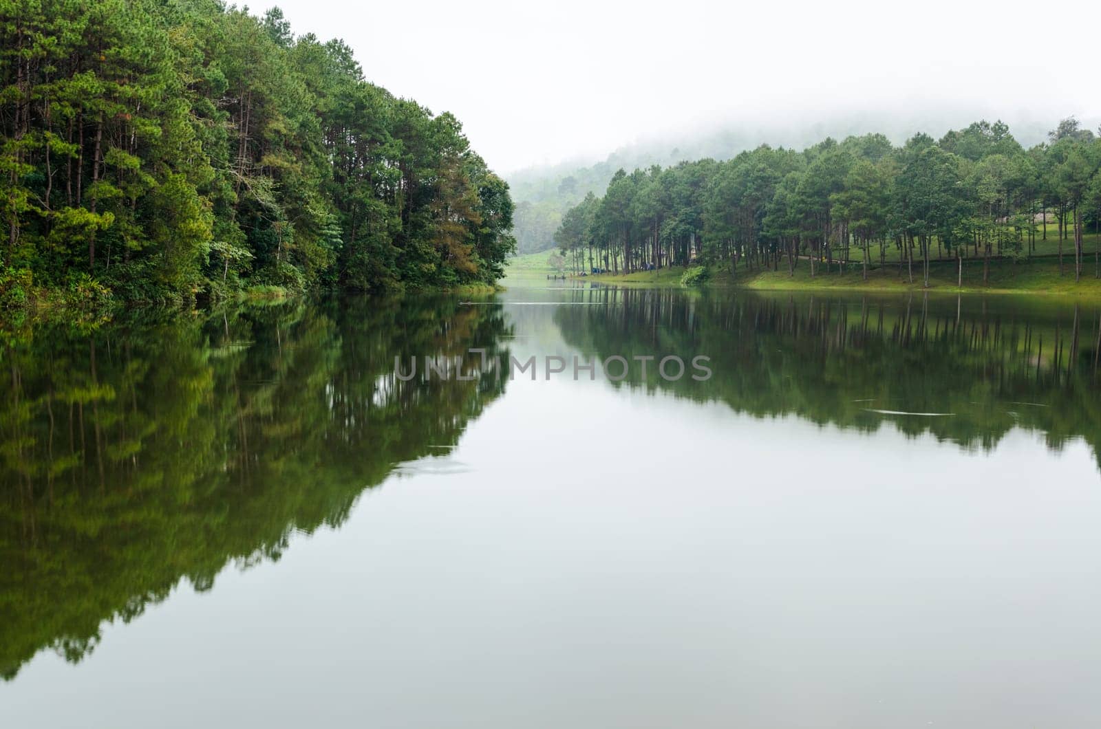 Nature landscape at dawn of lakes and pine forests in Pang Ung national park of Mae Hong Son province, Thailand