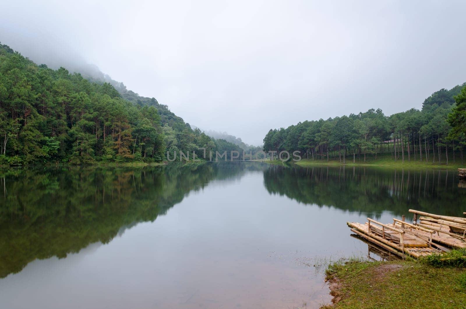 Nature landscape at dawn of lakes and pine forests in Pang Ung national park of Mae Hong Son province, Thailand