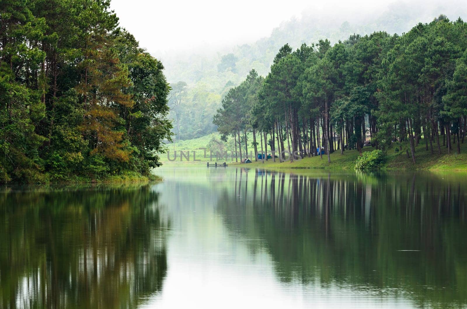 Morning atmosphere campsite on a lake in the pine forest at Pang Ung national park of Mae Hong Son province, Thailand