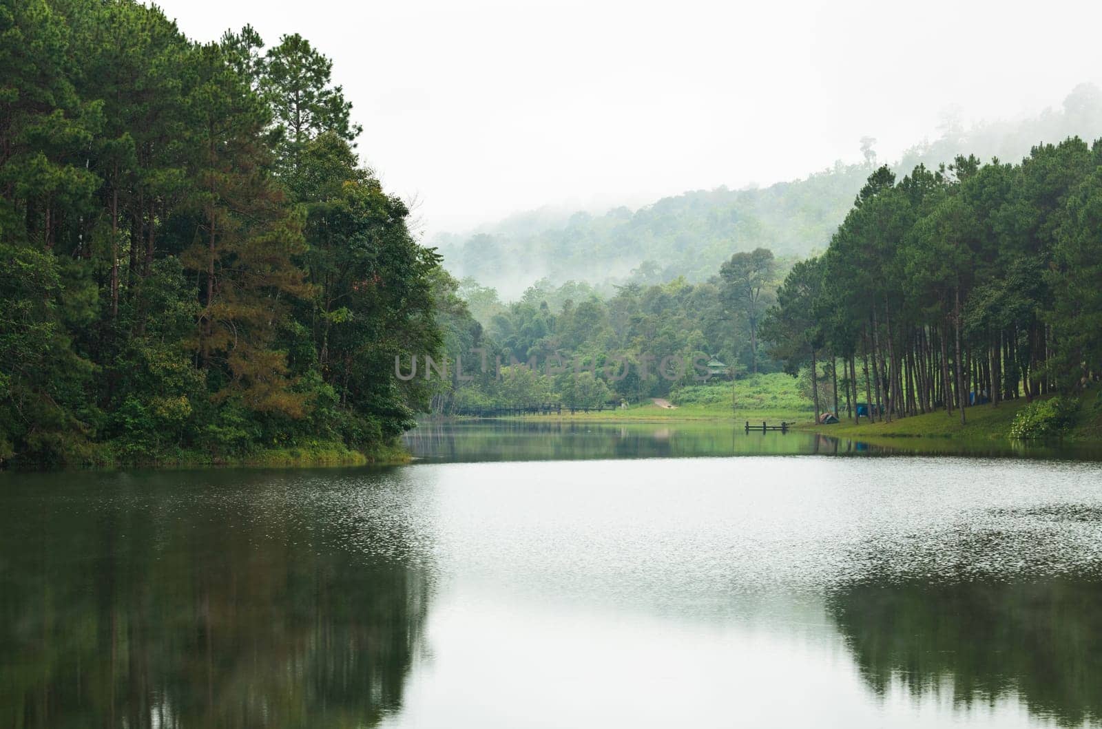 Nature landscape at morning of lakes and pine forests in Pang Ung national park of Mae Hong Son province, Thailand
