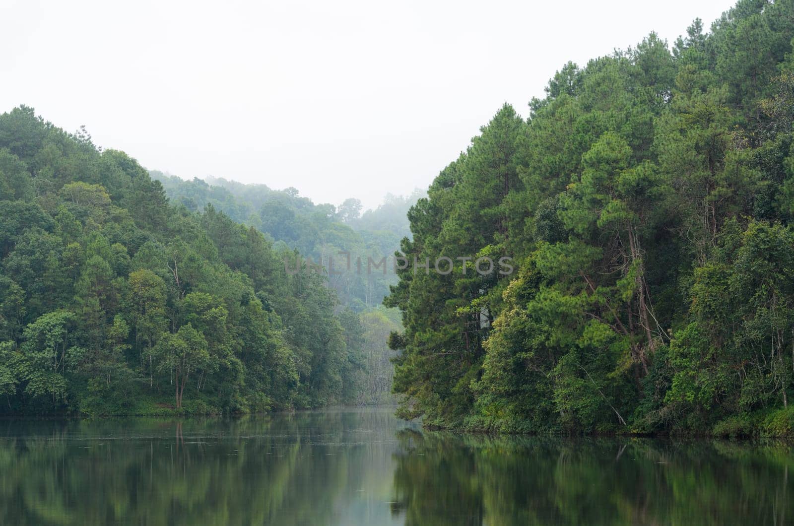 Nature landscape at morning of lakes and pine forests in Pang Ung national park of Mae Hong Son province, Thailand