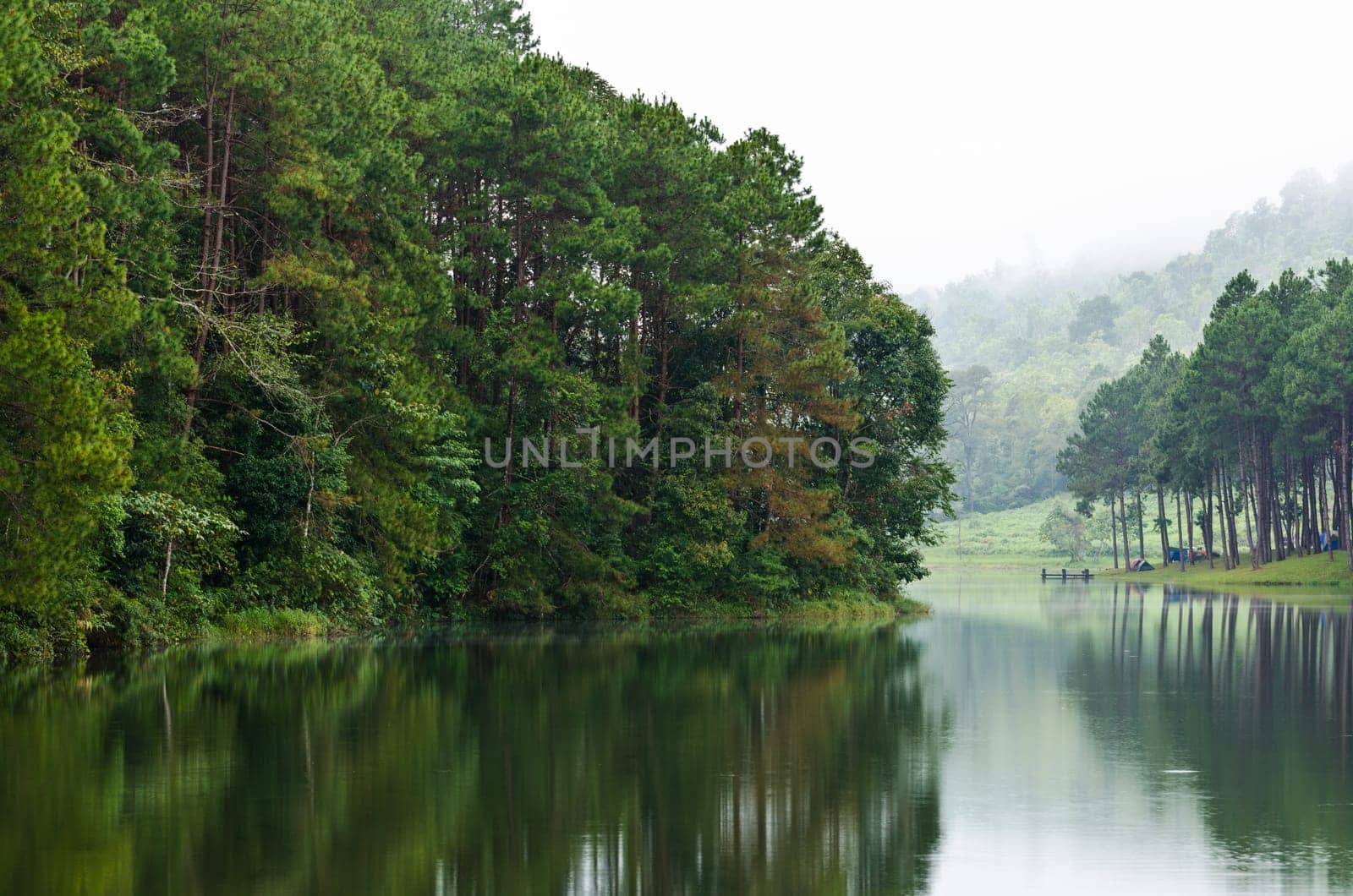 Nature landscape at morning of lakes and pine forests in Pang Ung national park of Mae Hong Son province, Thailand