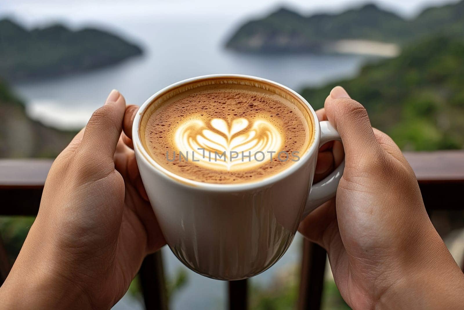 Two hands hold a cup of latte decorated with intricate foam art while overlooking a calm ocean surrounded by lush greenery.