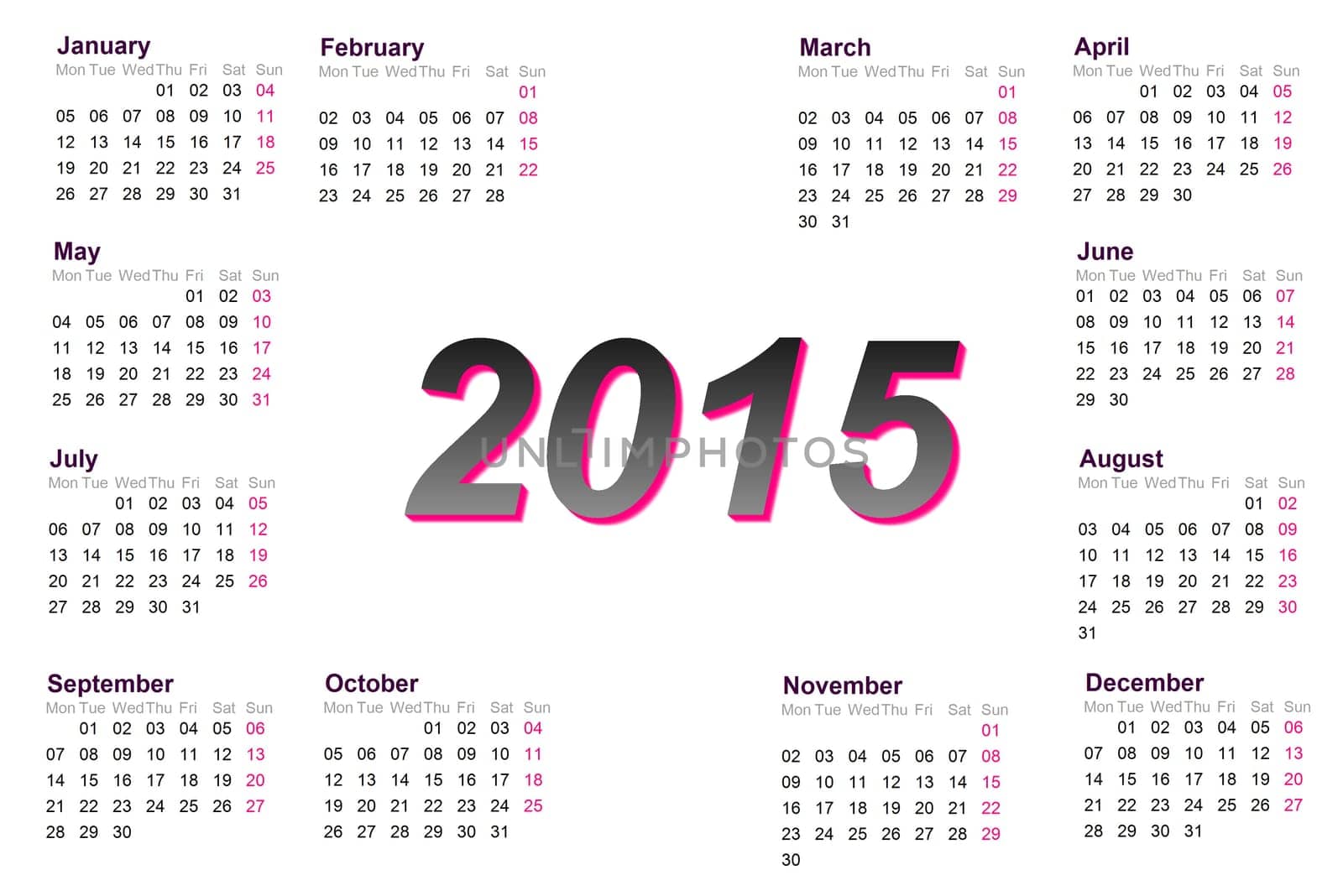 European 2015 year calendar with week starting from monday