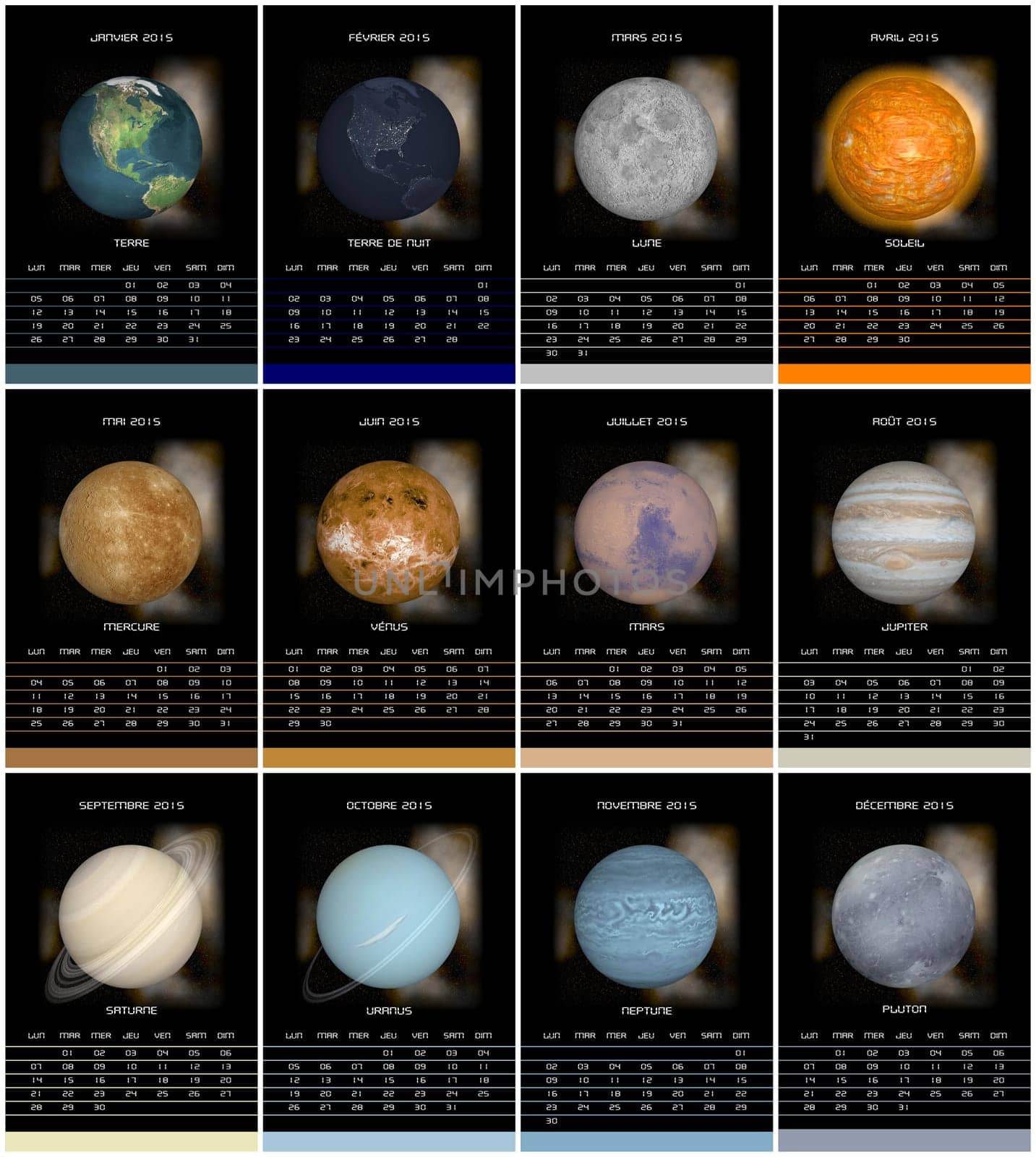 European french 2015 year calendar with week starting from monday and solar system planets