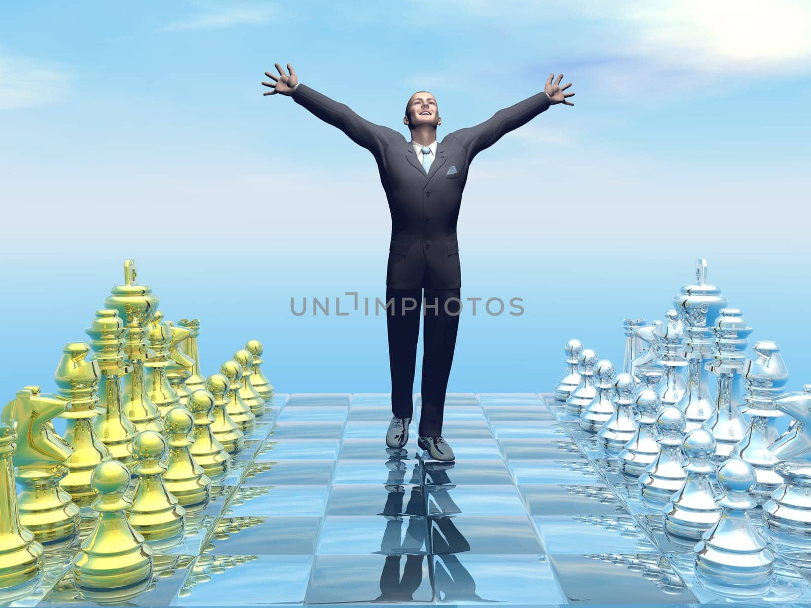 Businessman holding hands up as a winner on chessboard - 3D render