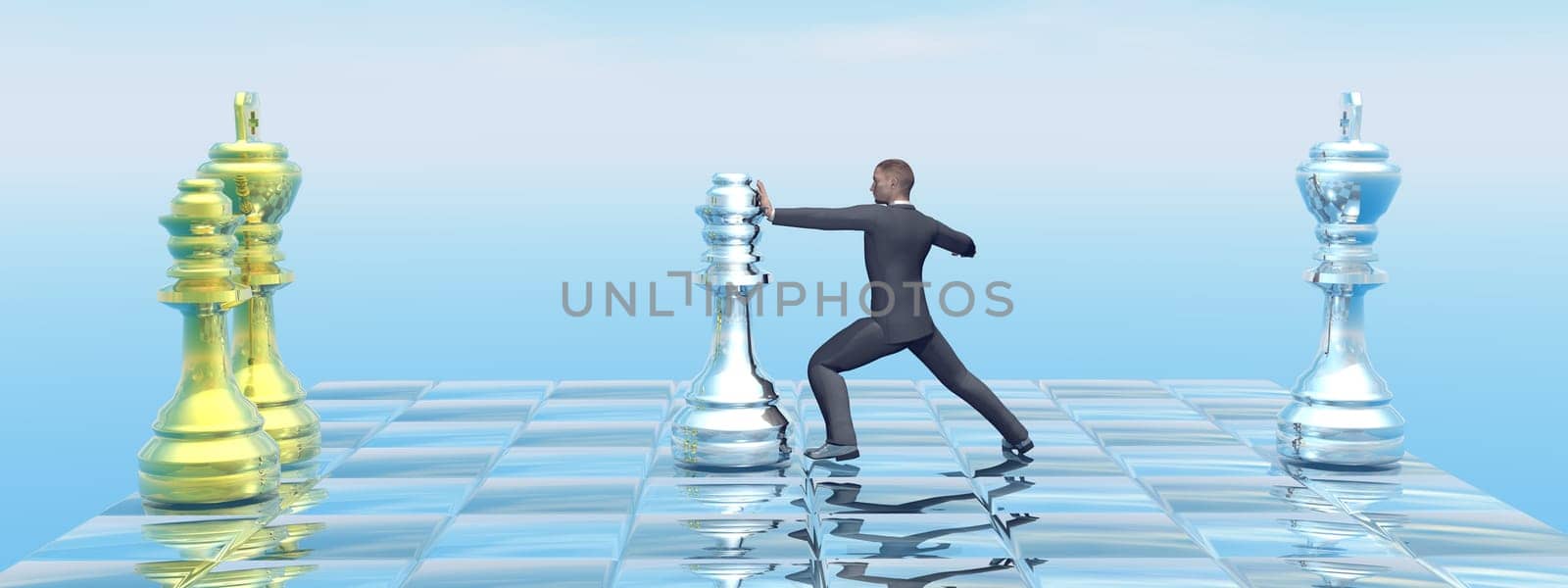 Businessman strategy on chessboard pushing the queen - 3D render