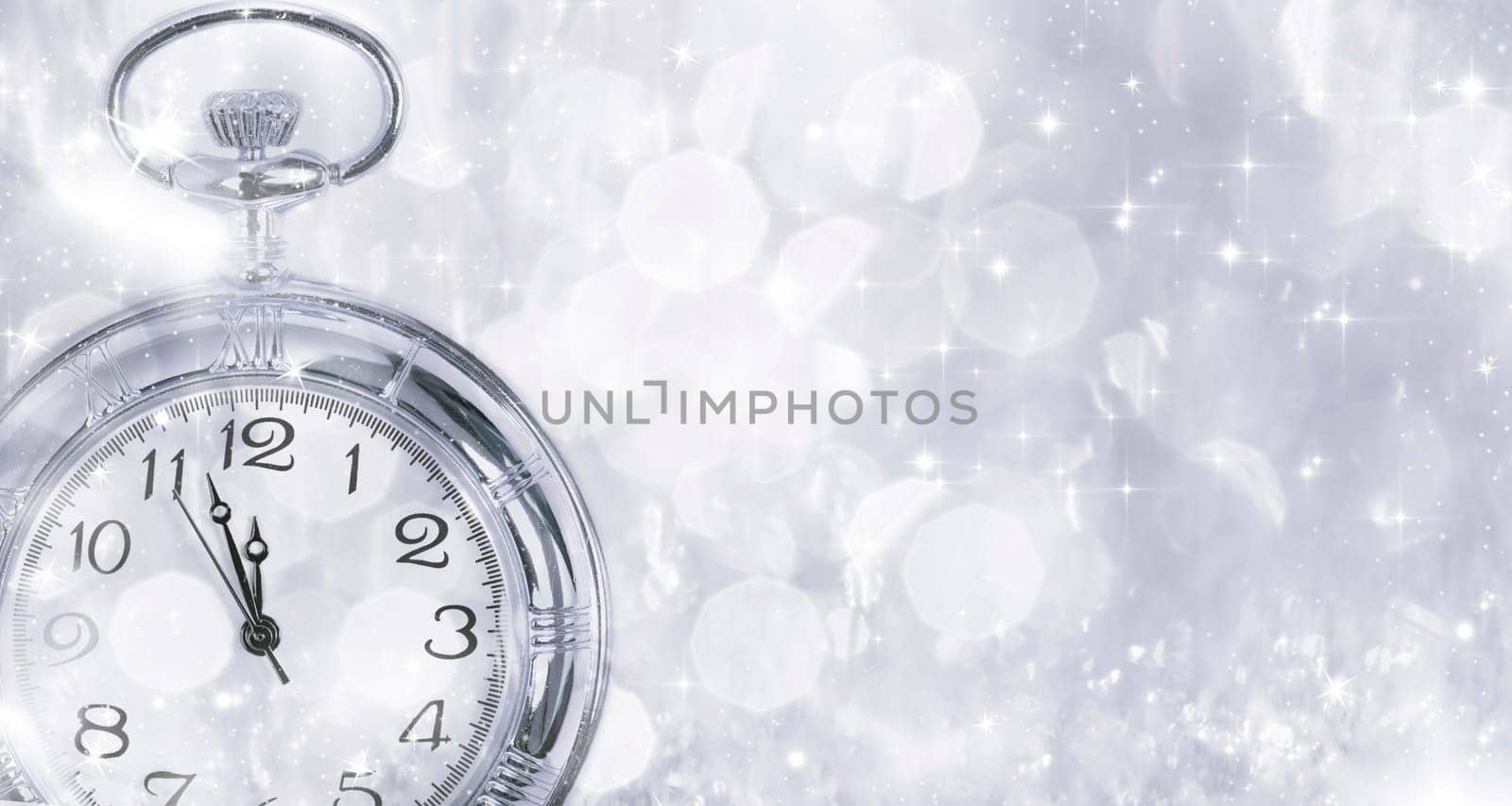 New Year's at midnight - Old clock with stars snowflakes and holiday lights