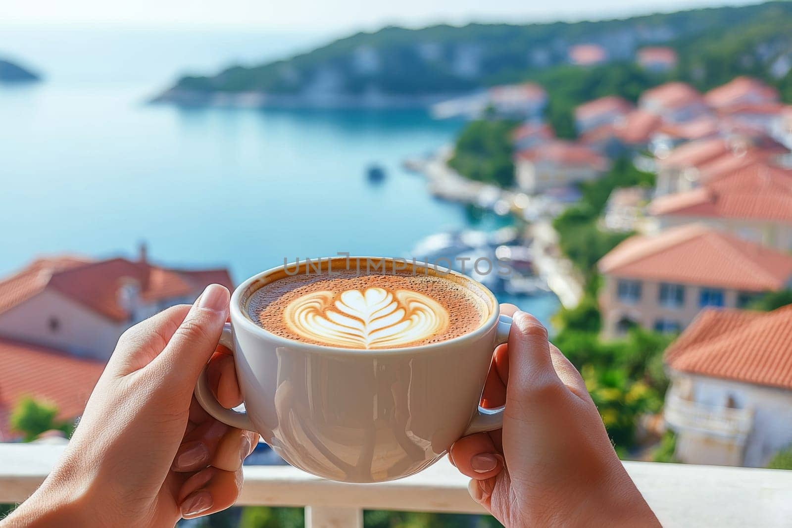 Two hands hold a white cup of latte art while overlooking a beautiful coastal village by the sea in bright daylight.