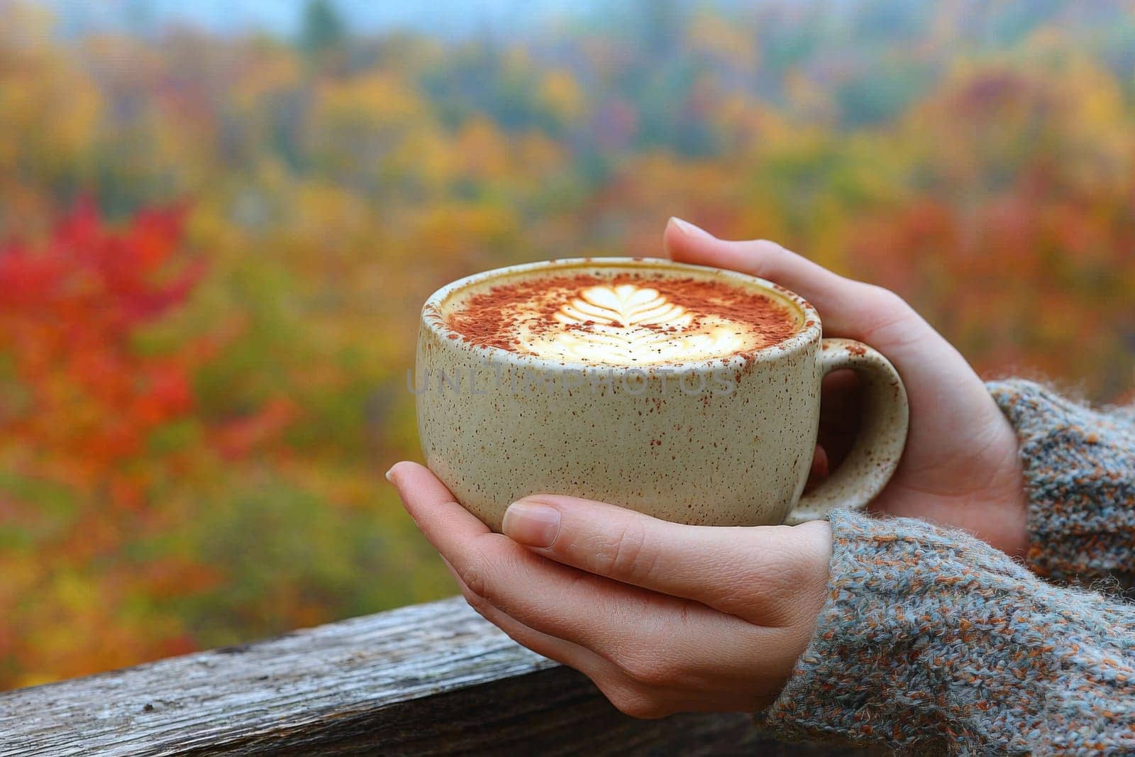 A person holds a warm cup filled with latte art while surrounded by vibrant autumn colors in a serene natural environment.