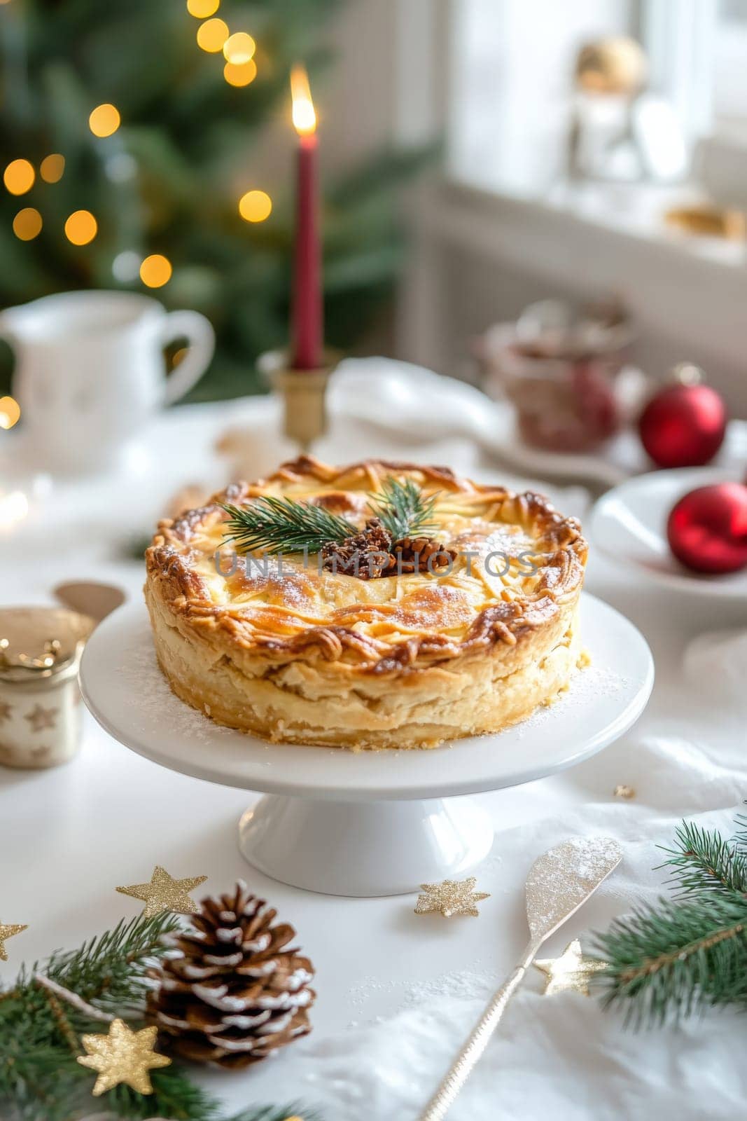 New Year's pie on a white table, Generative AI, food