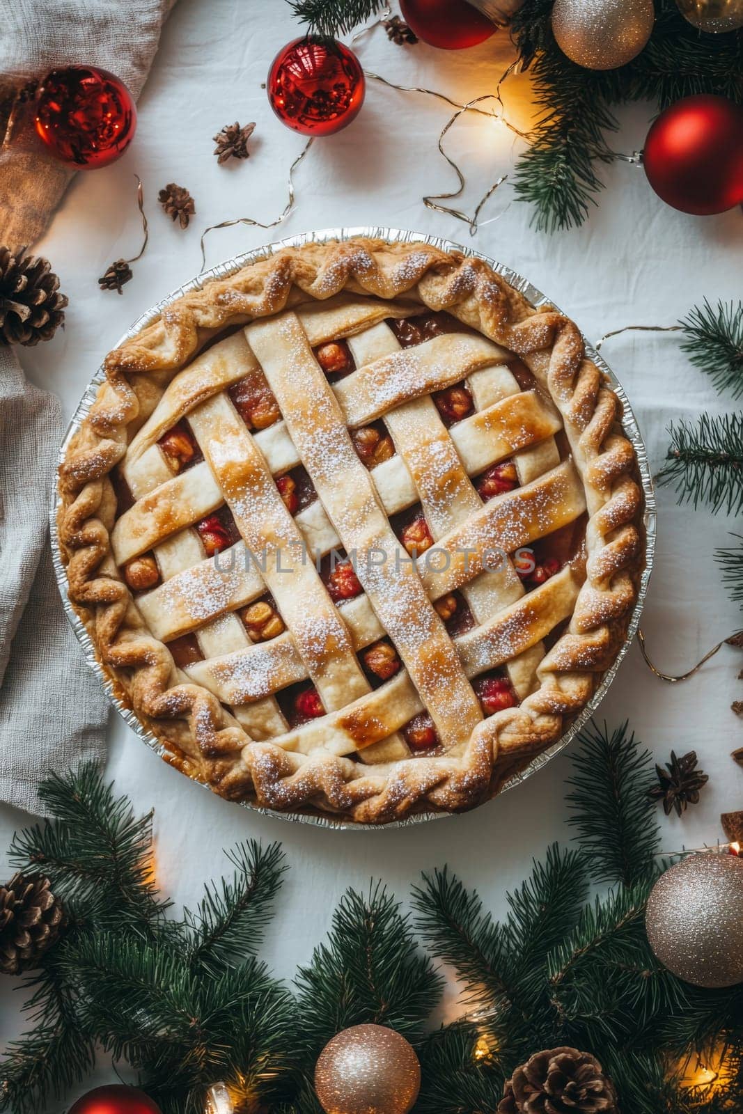 New Year's pie on a white table, Generative AI, food
