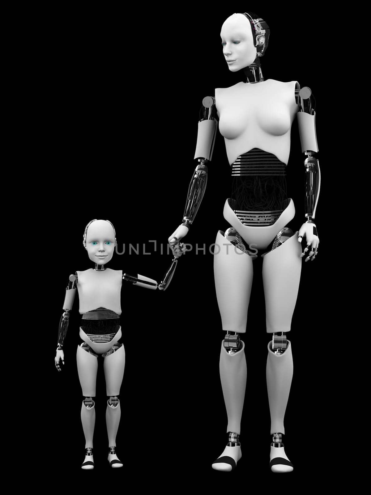 A robot woman holding hand with her robot child. Black background.
