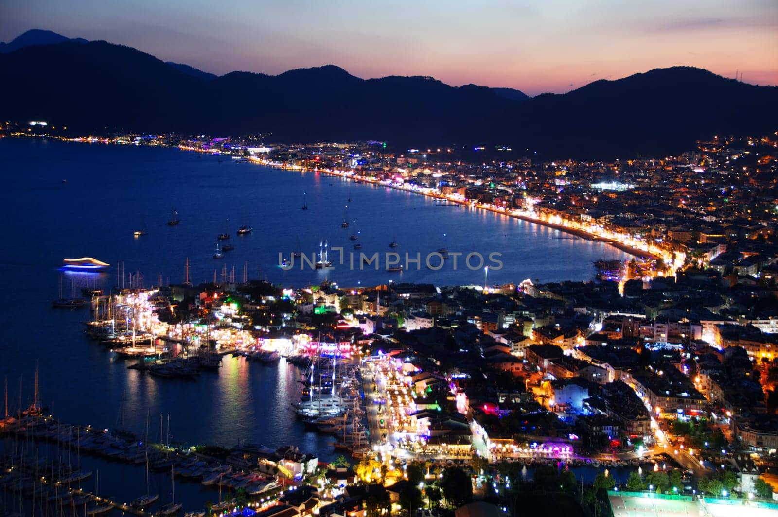 View of Marmaris harbor on Turkish Riviera by night