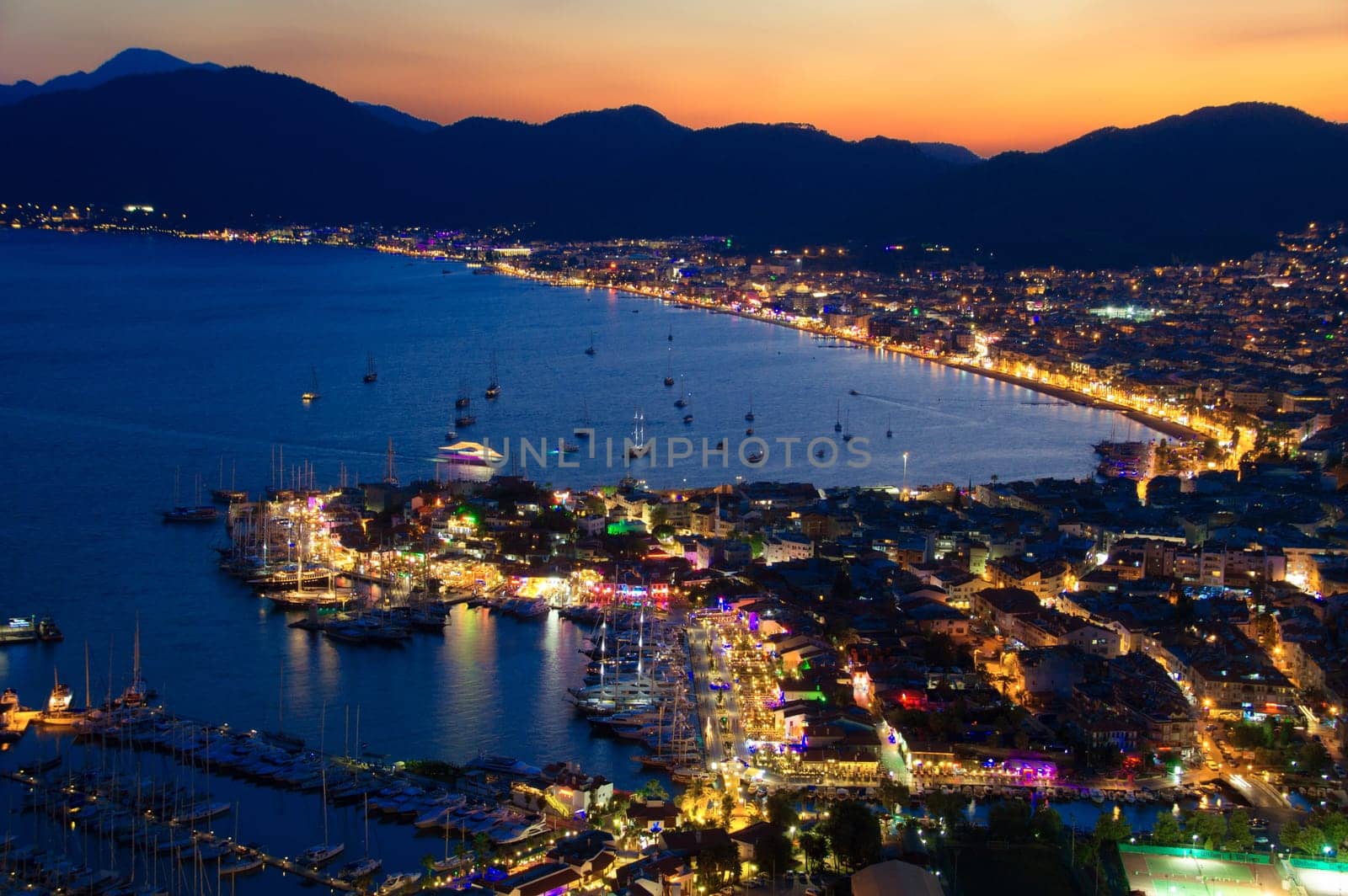 View of Marmaris harbor on Turkish Riviera by night