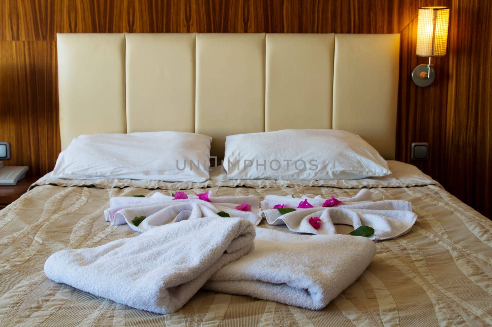 Double bed in hotel room. Accommodation