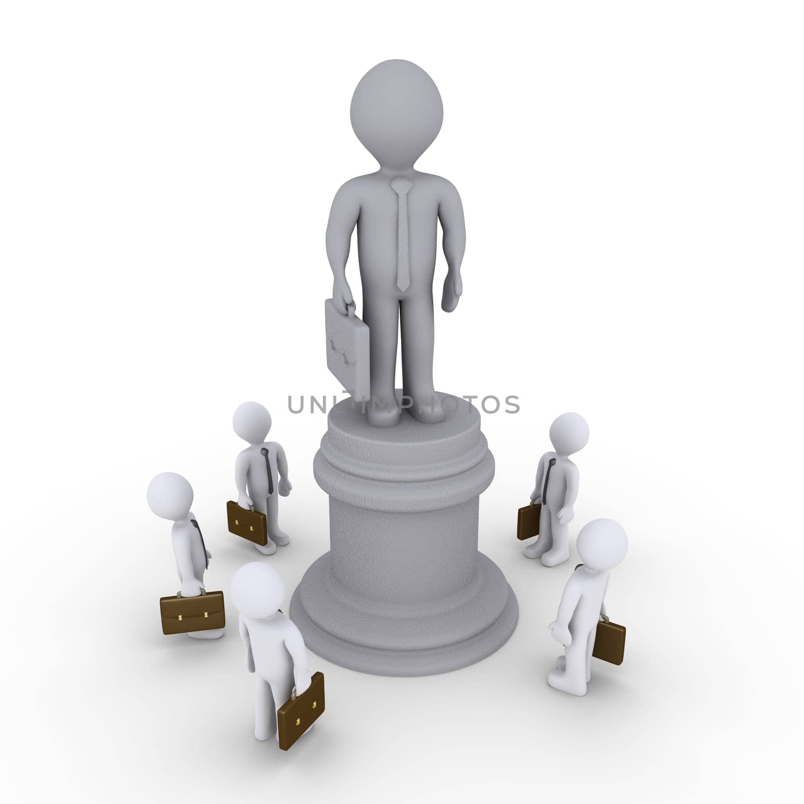 3d businessmen are looking with admiration at a big statue of a businessman