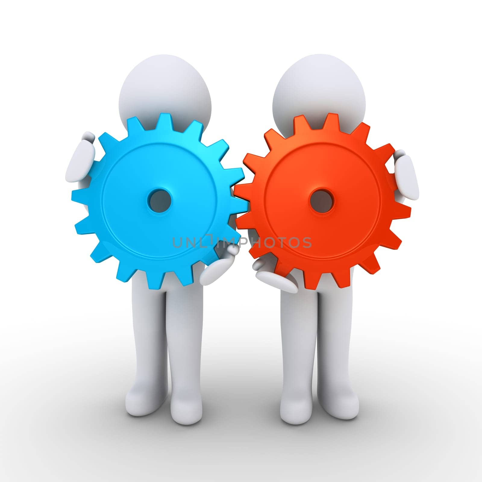 Two 3d people are holding connected cogwheels